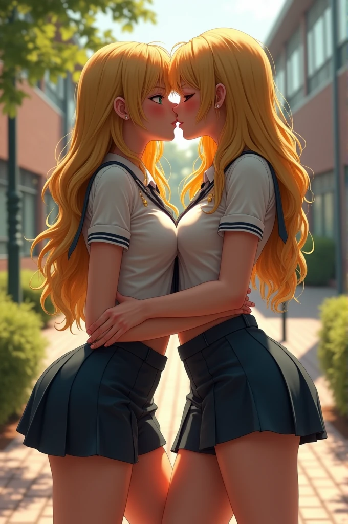 (masterpiece, best quality:1.4), (8K), Young blonde beauty, (((2 girls in love, 18 years old, neat girl))), detailed blue eyes, long eyelashes, blush, kind smile, upper body, sailor uniform top, crop top, underboob, small ass, slender thin legs, pink skirt, (looking at viewer), beautiful blonde hair, white-skinned, long hair, bangs, pigtails, squeezing, groping their breasts (medium size breasts), (mushroom forest, celestial forest, beautiful and magnificent pink sunshine, majestic sky), colorful natural light)