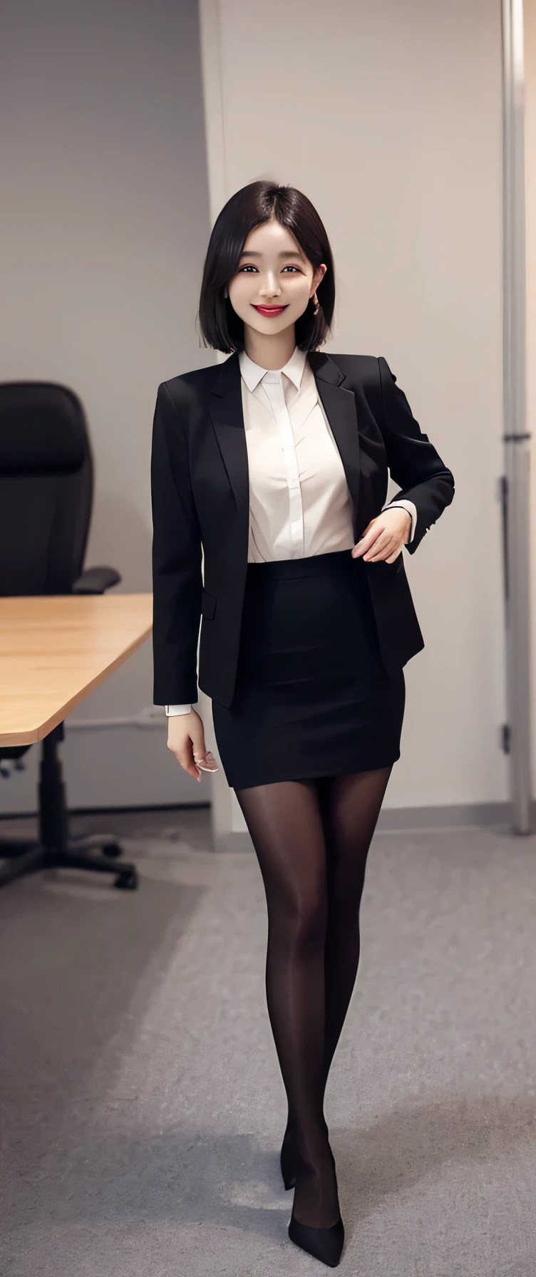 Clear Beauty、background,、Full body photo、Black Hair、Piercing in the middle、smile、Office Lady Suits、jacket、shirt、Knee-length skirt、tights、pumps、
