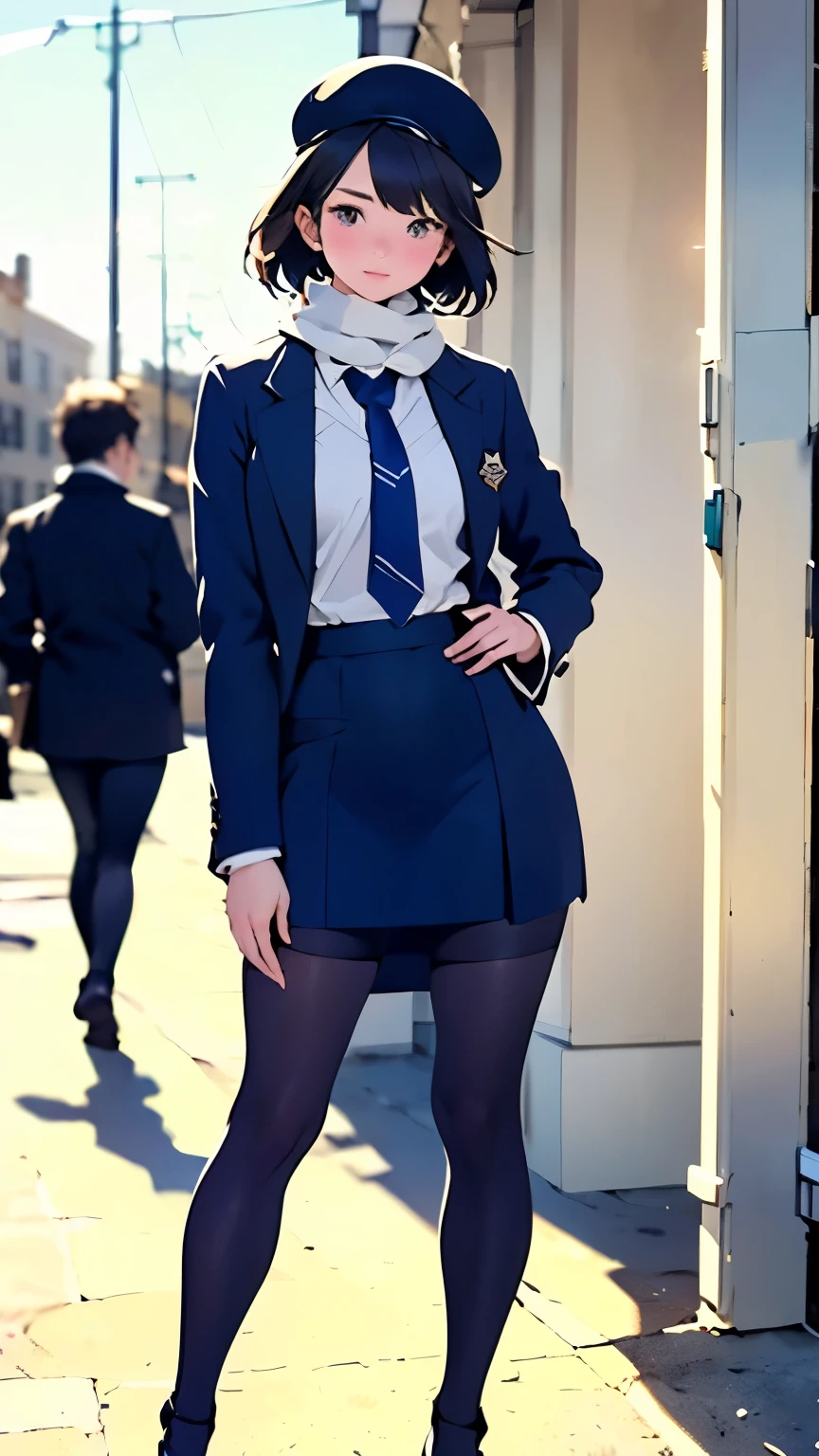 A highly detailed and elegant 8K visual depiction of two students from Institut Saint-Croix standing together in their winter uniforms, designed in a concept art style. The backdrop features the historic, snow-covered campus buildings, with softly falling snowflakes adding to the winter atmosphere. **Middle Years Programme Student (Ages 12-16):** The younger student is dressed in a classic navy blue blazer with the school emblem prominently displayed on the pocket. She wears a crisp white blouse neatly tucked into a plaid skirt in shades of blue and green that falls just above the knee. She completes her look with a navy tie, black tights, and polished black shoes. For outdoor wear, she dons a navy wool coat and a beret featuring the school emblem, giving her a youthful yet proper appearance, all in a navy theme. **Diploma Programme Student (Ages 16-19):** The older student exudes a more mature and sophisticated elegance. She is dressed in a tailored burgundy blazer with the school emblem on the chest, paired with a fitted white blouse that has a subtle lace trim. Her knee-length pencil skirt, in solid burgundy or dark plaid, adds to her refined look. A burgundy tie provides a rich contrast, and she wears black sheer tights with heeled black leather shoes. Her outdoor attire includes a sleek burgundy overcoat and a scarf in coordinating colors, adding to her poised and confident appearance. The overall mood is one of tradition, refinement, and progression from adolescence to young adulthood within the prestigious environment of Institut Saint-Croix. The concept art style enhances the elegance and detail of the uniforms, with soft, diffused winter lighting contributing to the calm and dignified atmosphere.