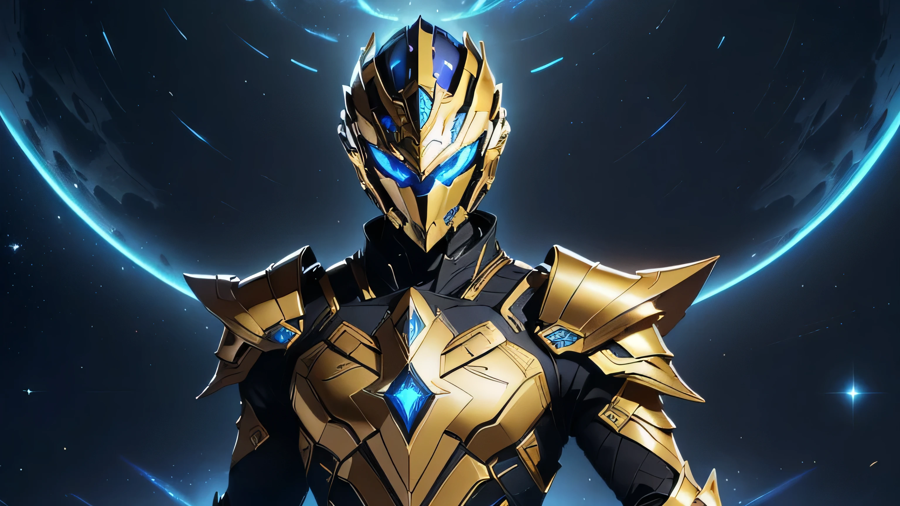 It's a man. The image presents a highly detailed and futuristic armor designed for a male warrior. The armor combines elements from different parts to create a cohesive and powerful look. Helmet: The helmet features a sleek, aerodynamic design with a golden metallic finish. It has a central crest that rises upwards, and the visor glows with a bright blue light, giving it a high-tech, futuristic appearance. Pauldrons (Shoulder Pads): The shoulder pads are designed to be close to the chest, with angular lines extending smoothly toward the shoulders. They have a polished golden finish and curve elegantly upward, creating a harmonious transition between the chest and shoulders, while providing a majestic and protective look. Chest Plate: The chest plate is intricately segmented, with a combination of gold and dark metallic blue. It has a gem-like crystal in the center that emits a soft, mystical glow. The design of the chest plate is both protective and regal, with sharp, angular lines that add to the overall futuristic aesthetic. Arm Guards: The arm guards are sleek and streamlined, with articulated golden and purple segments that offer flexibility and protection. The design of the gauntlets is both robust and elegant, incorporating futuristic elements that blend with the classic style. Leg Armor: The legs are armored with segmented plates that are primarily gold and purple. The boots are angular and sturdy, with a design that conveys both strength and agility. The overall look of the leg armor is grounded yet sleek, completing the ensemble with a powerful stance. The background of the image is a dark cosmic scene, filled with distant stars and nebulae that highlight the polished surfaces of the armor. Dynamic lighting is used to emphasize the key features, particularly the glowing visor and central chest gem, reinforcing the mystical and imposing nature of the warrior.