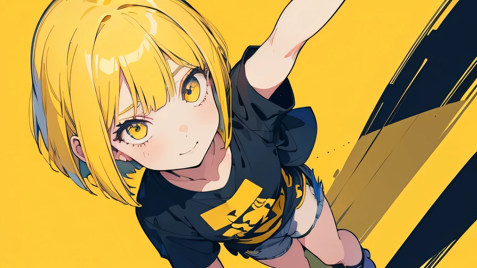 1girl, (yellow hair, bob cut) and (yellow eyes), T-shirt) and shorts, white background, ((high angle)), happy expression, ready to go out, praise, chill, The outline is a thick line