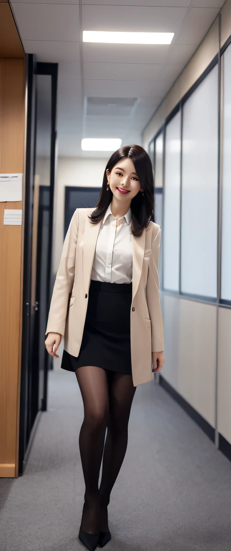 Clear Beauty、background,、Full body photo、Black Hair、Ear piercing、smile、Office Lady Suits、jacket、shirt、Knee-length skirt、tights、pumps、
System Cancellation