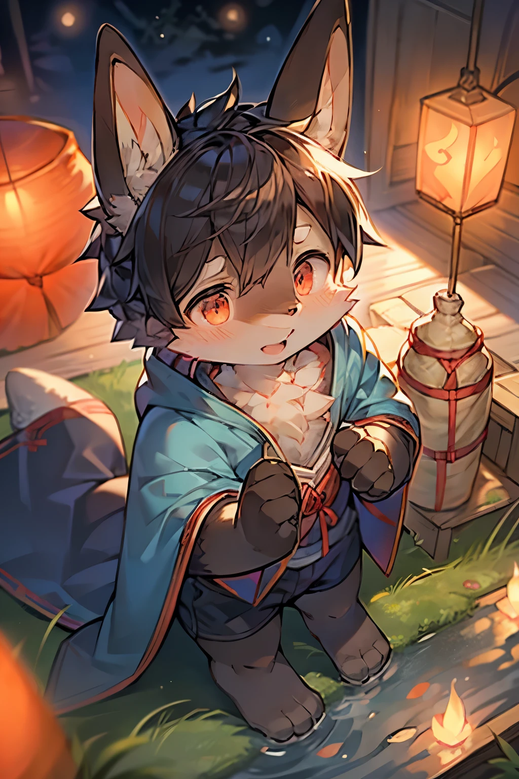 dynamic angle , several hairy furry dog cub boy , Short stature , realistic pale hairy fur , Round face, round eyes , neat hair ties , Japanese festival Clothing, in the Inari Shrine ,cub boys, looking at viewer, fundoshi matsuri, festival at shrine, night festival, matsuri, tamachira, many fundoshi boys, tongue out, sweat drops, hot, passionate, taiko
