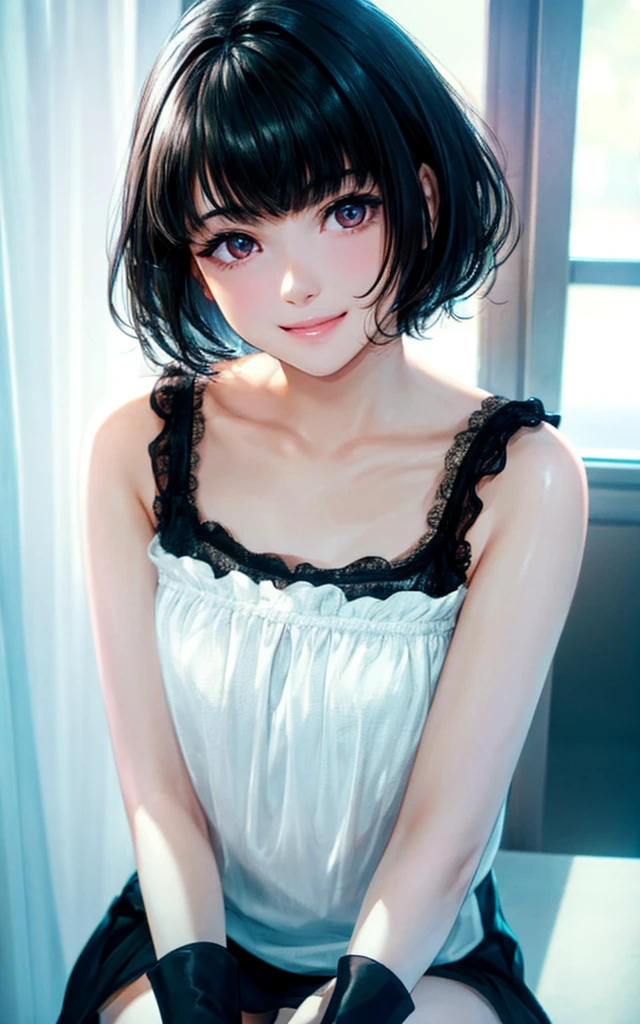 a smiling young girl with short black hair and bangs, wearing a camisole, black stockings, and a mini skirt, looking directly at the viewer, solo portrait, high quality, detailed, photorealistic, beautiful detailed eyes, beautiful detailed lips, extremely detailed face, long eyelashes, cinematic lighting, dramatic shadows, vibrant colors, soft focus, delicate features, petite body frame, youthful appearance