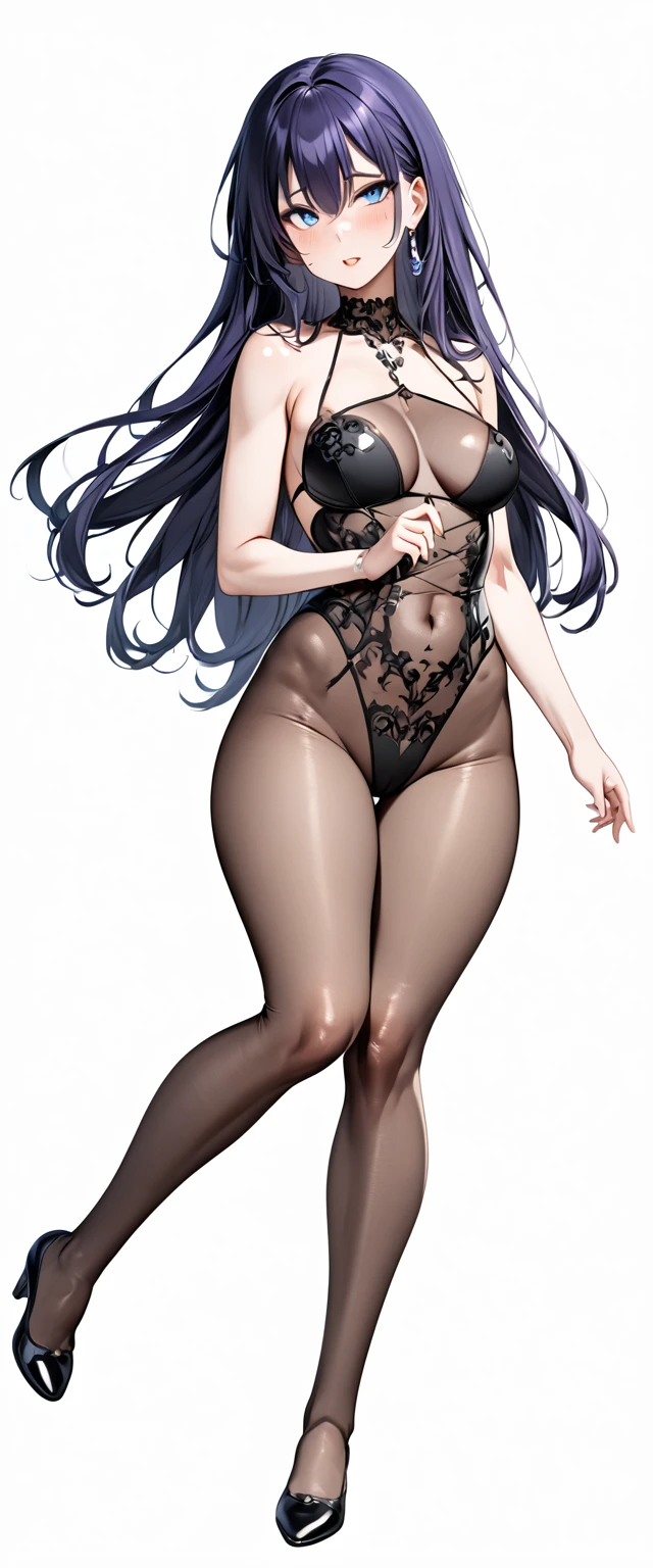 (((40-year-old woman))),（Deep purple short bob） ,(Full body tights sexy underwear is black、Detailed decorative lace、Transparent skin),（Heart cutout on chest）（Cleavage） masterpiece, Best Quality, Best Quality, 16k, Very detailed, 2.5D, AI-generated, Delicate and dynamic, Very delicate facial expression, Delicate eye depiction,Big eyes and cute、 Healthy, Height: 160cm, Cute little breasts:0.4 、blush, ((Beautiful legs and thighs)), (Pure white background)、（（Anatomically correct body））、（Very seductive to the viewer）（Focus is on the face）（The background is blurred:1.6）（Full body view）（Shooting from 45 degrees diagonally in front）Sexy gravure pose、Blue Eyes、（Transparent skin texture）