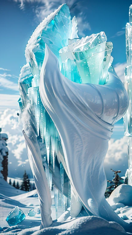 Good structure,high dynamic range,Ultra high resolution,8 k,Ice giant,Giant Clan, air Bubble, Blue eyes, Bubble, cloud, cloudy sky, day, ice, male focus, mountain,Frozen on the body,iceberg,One Hand, open mouth, outdoors, polar sleeve, stone, sky, weapon, white hair,Incomplete body,1 girl