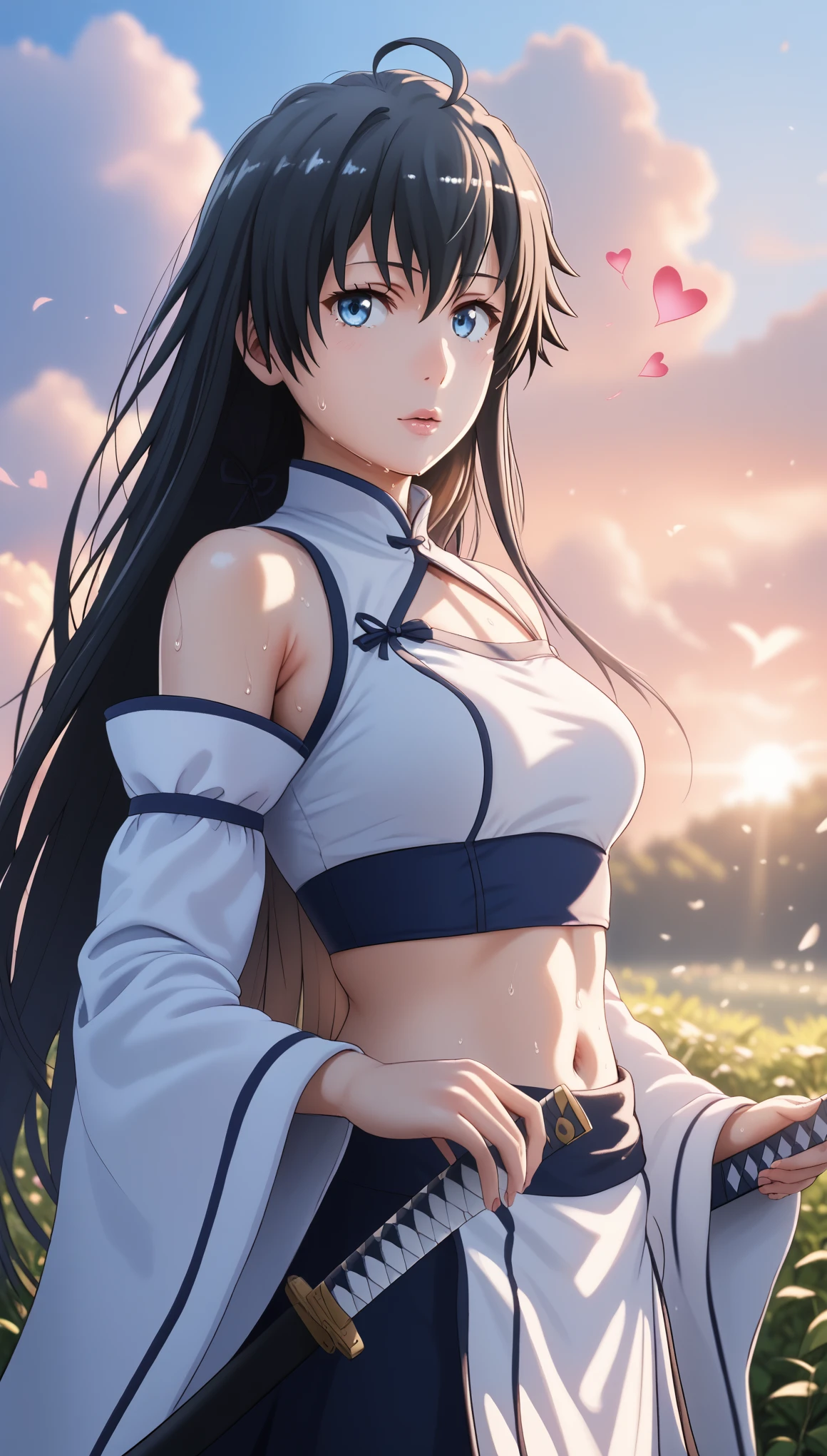 (hero neisan style:0.7), score_9, score_8_up, score_7_up, score_6_up, yukinoshita yukino, black hair, long hair, blue eyes, ahoge, BREAK beautiful detailed eyes, beautiful detailed lips, extremely detailed face and portrait, elegant expression, soft warm lighting, volumetric lighting, cinematic composition, detailed environment, lush garden, vibrant colors, intricate details, masterpiece, high resolution, digital painting, excessive sweating, sweating profusely, sweating drop BREAK, hearts, pleasured, sword, holding, solo, wide_sleeves, 1girl,  holding_sword, bare_shoulders, detached_sleeves, looking_at_viewer, long_sleeves, standing, breasts, floating_hair, sunset, katana, cowboy_shot, cloud, midriff, medium_breasts, 