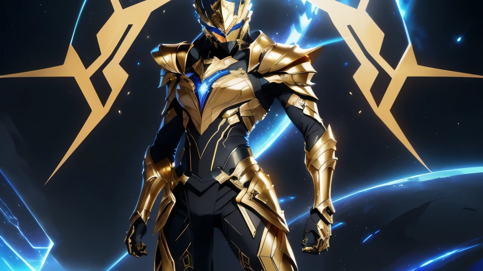 It's a man. The image presents a highly detailed and futuristic armor designed for a male warrior. The armor combines elements from different parts to create a cohesive and powerful look. Helmet: The helmet features a sleek, aerodynamic design with a golden metallic finish. It has a central crest that rises upwards, and the visor glows with a bright blue light, giving it a high-tech, futuristic appearance. Pauldrons (Shoulder Pads): The shoulder pads are designed to be close to the chest, with angular lines extending smoothly toward the shoulders. They have a polished golden finish and curve elegantly upward, creating a harmonious transition between the chest and shoulders, while providing a majestic and protective look. Chest Plate: The chest plate is intricately segmented, with a combination of gold and dark metallic blue. It has a gem-like crystal in the center that emits a soft, mystical glow. The design of the chest plate is both protective and regal, with sharp, angular lines that add to the overall futuristic aesthetic. Arm Guards: The arm guards are sleek and streamlined, with articulated golden and purple segments that offer flexibility and protection. The design of the gauntlets is both robust and elegant, incorporating futuristic elements that blend with the classic style. Leg Armor: The legs are armored with segmented plates that are primarily gold and purple. The boots are angular and sturdy, with a design that conveys both strength and agility. The overall look of the leg armor is grounded yet sleek, completing the ensemble with a powerful stance. The background of the image is a dark cosmic scene, filled with distant stars and nebulae that highlight the polished surfaces of the armor. Dynamic lighting is used to emphasize the key features, particularly the glowing visor and central chest gem, reinforcing the mystical and imposing nature of the warrior.