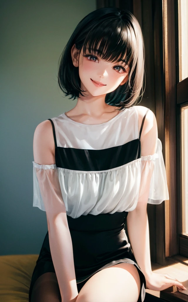 a smiling young girl with short black hair and bangs, wearing a camisole, black stockings, and a mini skirt, looking directly at the viewer, solo portrait, high quality, detailed, photorealistic, beautiful detailed eyes, beautiful detailed lips, extremely detailed face, long eyelashes, cinematic lighting, dramatic shadows, vibrant colors, soft focus, delicate features, petite body frame, youthful appearance