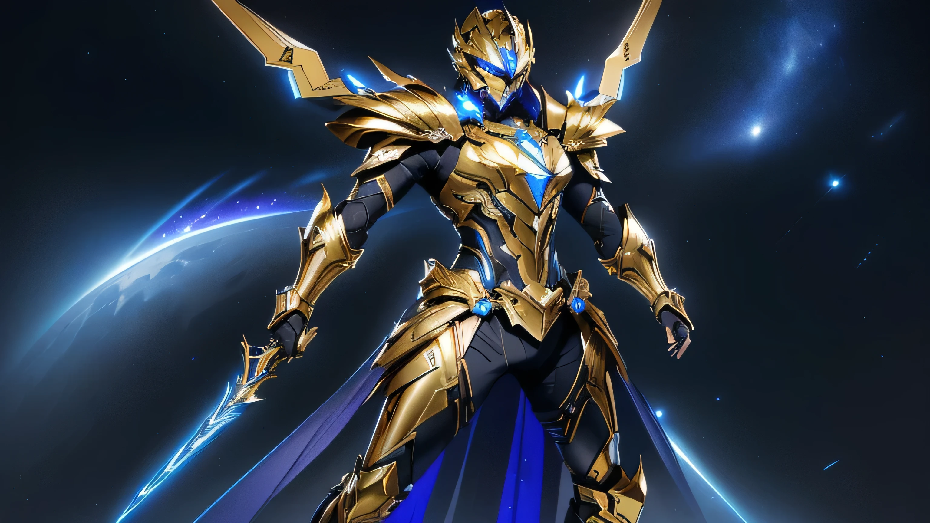 It's a man. The image presents a highly detailed and futuristic armor designed for a male warrior. The armor combines elements from different parts to create a cohesive and powerful look. Helmet: The helmet features a sleek, aerodynamic design with a golden metallic finish. It has a central crest that rises upwards, and the visor glows with a bright blue light, giving it a high-tech, futuristic appearance. Pauldrons (Shoulder Pads): The shoulder pads are designed to be close to the chest, with angular lines extending smoothly toward the shoulders. They have a polished golden finish and curve elegantly upward, creating a harmonious transition between the chest and shoulders, while providing a majestic and protective look. Chest Plate: The chest plate is intricately segmented, with a combination of gold and dark metallic blue. It has a gem-like crystal in the center that emits a soft, mystical glow. The design of the chest plate is both protective and regal, with sharp, angular lines that add to the overall futuristic aesthetic. Arm Guards: The arm guards are sleek and streamlined, with articulated golden and purple segments that offer flexibility and protection. The design of the gauntlets is both robust and elegant, incorporating futuristic elements that blend with the classic style. Leg Armor: The legs are armored with segmented plates that are primarily gold and purple. The boots are angular and sturdy, with a design that conveys both strength and agility. The overall look of the leg armor is grounded yet sleek, completing the ensemble with a powerful stance. The background of the image is a dark cosmic scene, filled with distant stars and nebulae that highlight the polished surfaces of the armor. Dynamic lighting is used to emphasize the key features, particularly the glowing visor and central chest gem, reinforcing the mystical and imposing nature of the warrior.