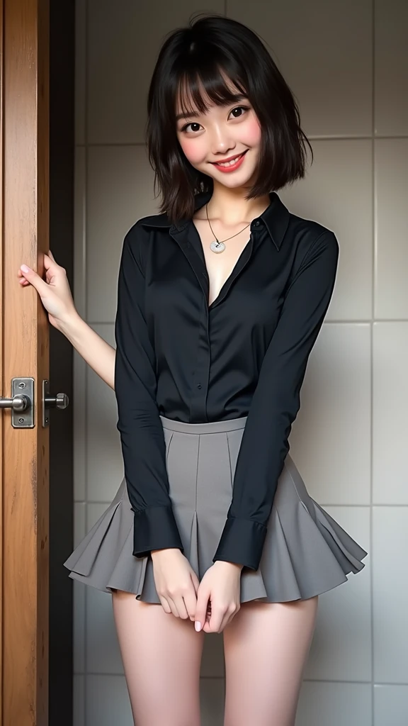 (Highest quality:1.5)、(masterpiece:1.5)、(8k:1.5)、(very small flat chest:1.5)、(Sleeveless, tight, light pink business shirt:1.5)、(A skirt so short that you can almost see her panties:1.5)、(Slender:1.5)、(Blushing:1.5)、(smile:1.5)、(whole body)、(Thin and beautiful legs:1.3)、((50 year old mature woman:2.0))、((Wrinkles around the eyes:1.7))、((Wrinkles around the mouth:1.7))、((Erect nipples:1.4))、(Entrance of the apartment:1.5)、(Elegant hairstyle:1.3)、(One woman:1.5)、(Beautiful black hair:1.5)、(Open the buttons on your business shirt:1.5)、(Leaning forward:1.5)、(A small portion of his flat chest is exposed through the gap in his business shirt.:1.5)、