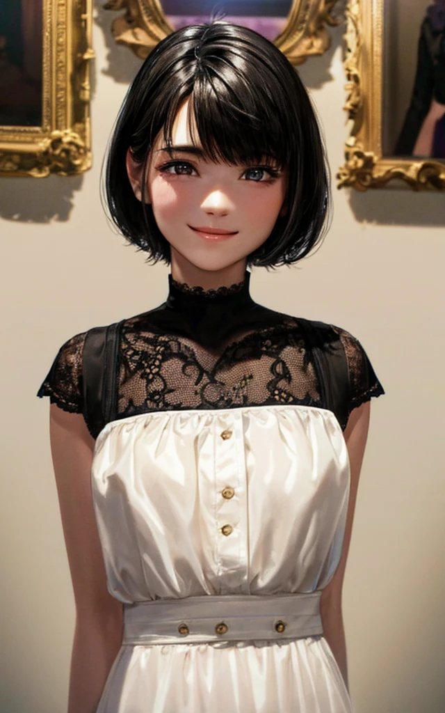 a smiling young girl with short black hair and bangs, wearing a camisole, black stockings, and a mini skirt, looking directly at the viewer, solo portrait, high quality, detailed, photorealistic, beautiful detailed eyes, beautiful detailed lips, extremely detailed face, long eyelashes, cinematic lighting, dramatic shadows, vibrant colors, soft focus, delicate features, petite body frame, youthful appearance