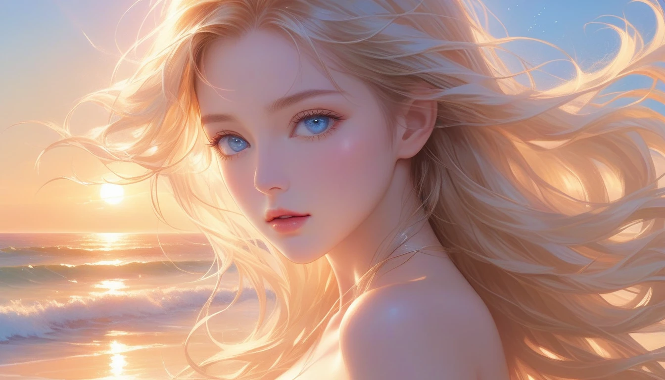 A Masterpiece In 32K Resolution, Supreme Quality, Super Detail, Official Art, Very High-Resolution 32K Wallpaper, Majestic And Aesthetic, Ultra-Detailed Features, Awe-Inspiring Detail. A Wind-Swept Beach With (Glowing Sands), (Crashing Waves), And Skin With A Golden, Sun-Kissed Glow (Highlight Her Ample Breasts). A Girl With A Mildly Pensive Expression, Flowing Sunset Blonde Hair, Glistening In The Wind, And Bright Ocean Blue Eyes, Reflecting The Surrounding Sea. Her Features Are Radiant And Breathtakingly Delicate, Bathed In (Soft Golden Sunset). (Exquisitely Detailed Beauty), With Expressions Full Of Thought And Wonder, Set Against A Majestic Coastal Scene. The Water Glistens With Fine Detail, Echoing The Beautiful Symmetry Of Her (Stunning Face). This Original Artwork Features Ultra-Precise Craftsmanship, Bringing Out Every Detail Of Her Enchanting Form And Elegant Aura.