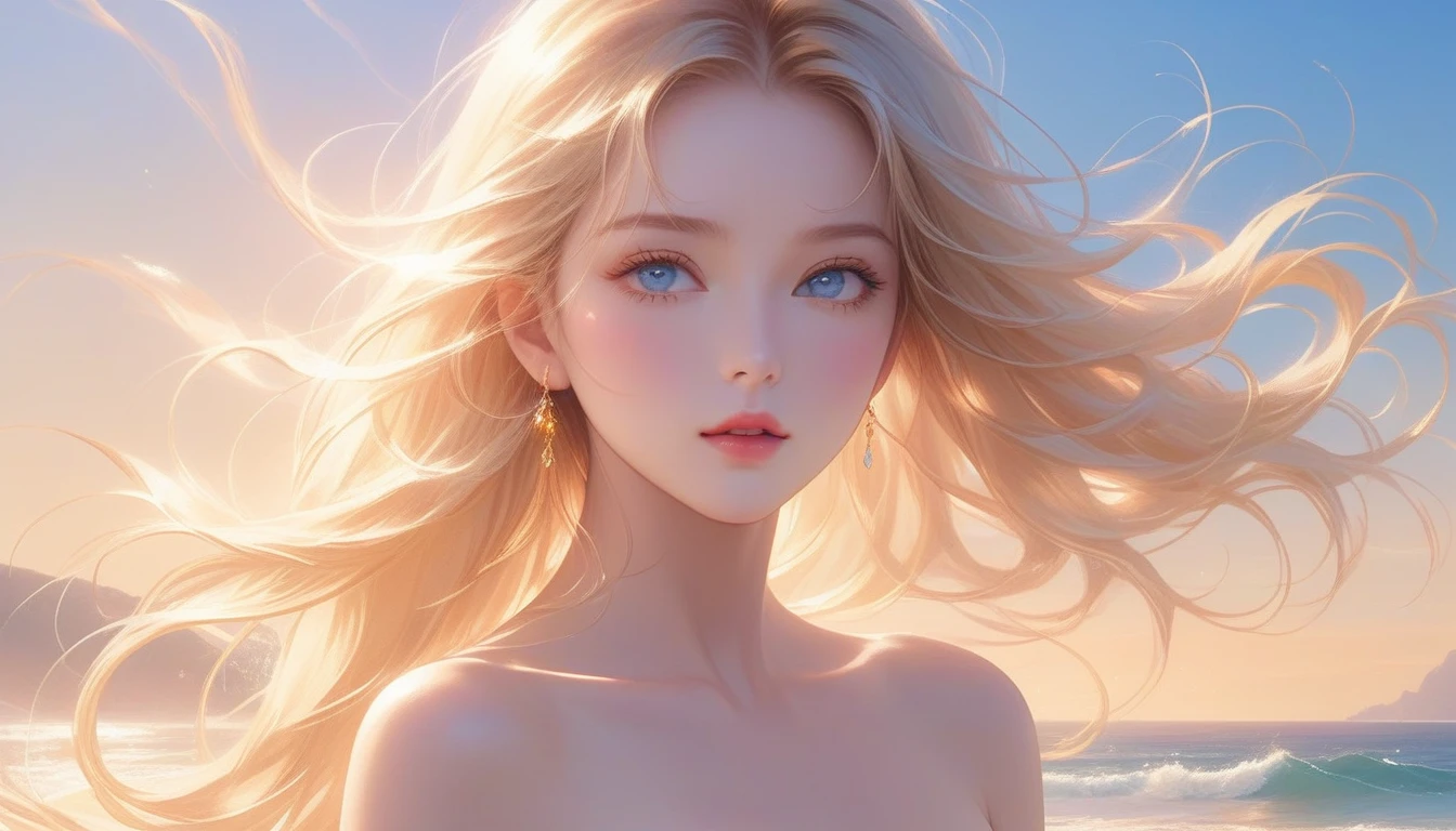 A Masterpiece In 32K Resolution, Supreme Quality, Super Detail, Official Art, Very High-Resolution 32K Wallpaper, Majestic And Aesthetic, Ultra-Detailed Features, Awe-Inspiring Detail. A Wind-Swept Beach With (Glowing Sands), (Crashing Waves), And Skin With A Golden, Sun-Kissed Glow (Highlight Her Ample Breasts). A Girl With A Mildly Pensive Expression, Flowing Sunset Blonde Hair, Glistening In The Wind, And Bright Ocean Blue Eyes, Reflecting The Surrounding Sea. Her Features Are Radiant And Breathtakingly Delicate, Bathed In (Soft Golden Sunset). (Exquisitely Detailed Beauty), With Expressions Full Of Thought And Wonder, Set Against A Majestic Coastal Scene. The Water Glistens With Fine Detail, Echoing The Beautiful Symmetry Of Her (Stunning Face). This Original Artwork Features Ultra-Precise Craftsmanship, Bringing Out Every Detail Of Her Enchanting Form And Elegant Aura.