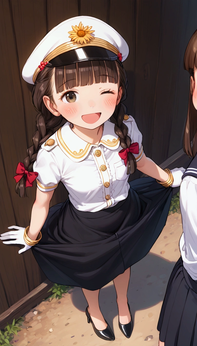 {Highest quality}, {Super beautiful},{Ultra fine},{Best illustration},Brown Hair,Hime cut,long hair,Braid,Two Futanari,Crouching Futanari,Penis from the lower body,Expose the lower half of the body,Uncircumcised penis,Foreskin covered penis,True phimosis,Strike a pose,Adult women,smile,Excited face,Wink,Uniform cap,White Shirt,Short sleeve,long black skirt,Night Festival,Blushing,Slender,Black stiletto heels,From an angle,From above,Spread your legs,Cat pose,Dripping patience juice,Handjob,Blowjob,