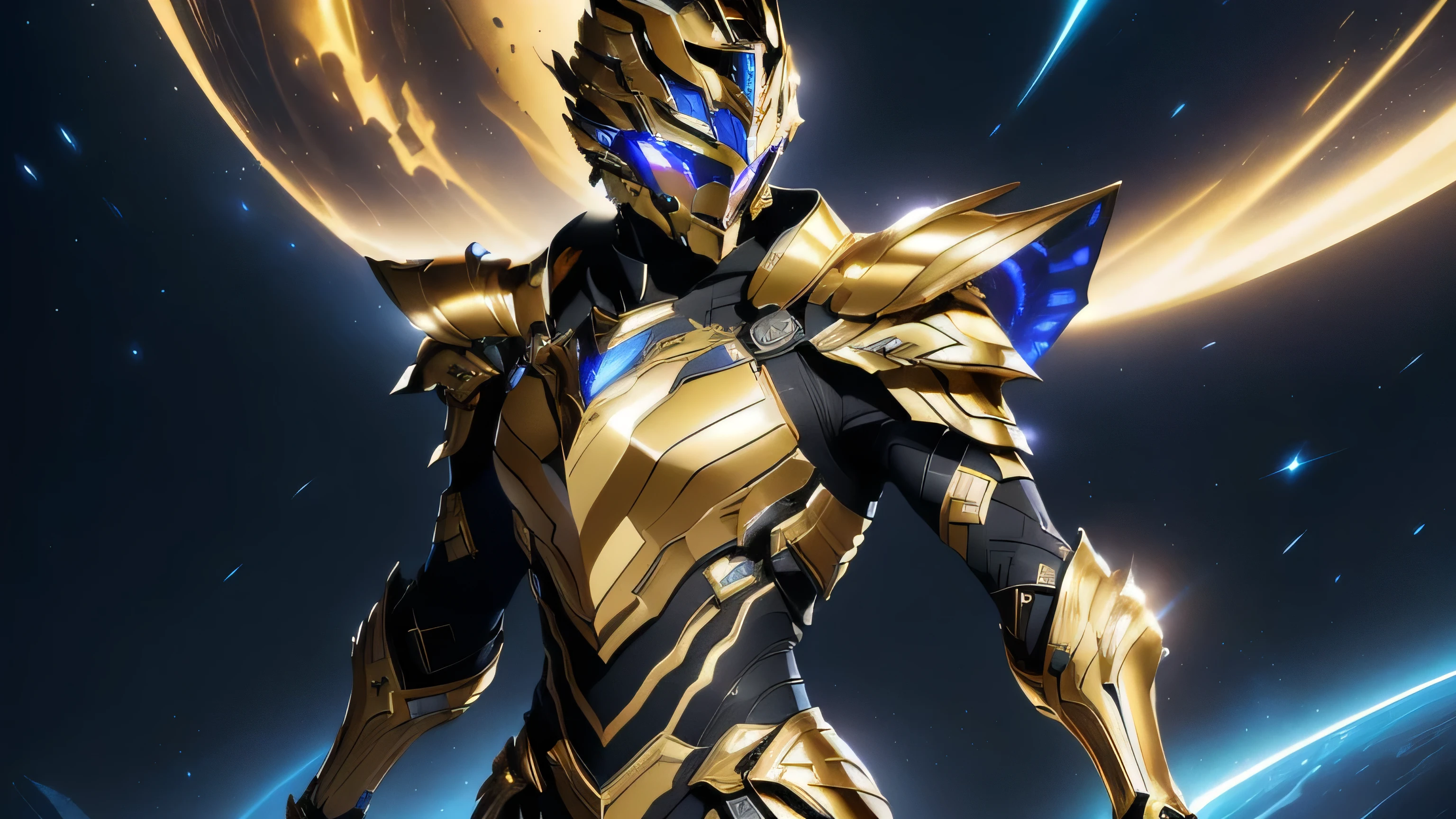 It's a man. The image presents a highly detailed and futuristic armor designed for a male warrior. The armor combines elements from different parts to create a cohesive and powerful look. Helmet: The helmet features a sleek, aerodynamic design with a golden metallic finish. It has a central crest that rises upwards, and the visor glows with a bright blue light, giving it a high-tech, futuristic appearance. Pauldrons (Shoulder Pads): The shoulder pads are designed to be close to the chest, with angular lines extending smoothly toward the shoulders. They have a polished golden finish and curve elegantly upward, creating a harmonious transition between the chest and shoulders, while providing a majestic and protective look. Chest Plate: The chest plate is intricately segmented, with a combination of gold and dark metallic blue. It has a gem-like crystal in the center that emits a soft, mystical glow. The design of the chest plate is both protective and regal, with sharp, angular lines that add to the overall futuristic aesthetic. Arm Guards: The arm guards are sleek and streamlined, with articulated golden and purple segments that offer flexibility and protection. The design of the gauntlets is both robust and elegant, incorporating futuristic elements that blend with the classic style. Leg Armor: The legs are armored with segmented plates that are primarily gold and purple. The boots are angular and sturdy, with a design that conveys both strength and agility. The overall look of the leg armor is grounded yet sleek, completing the ensemble with a powerful stance. The background of the image is a dark cosmic scene, filled with distant stars and nebulae that highlight the polished surfaces of the armor. Dynamic lighting is used to emphasize the key features, particularly the glowing visor and central chest gem, reinforcing the mystical and imposing nature of the warrior.