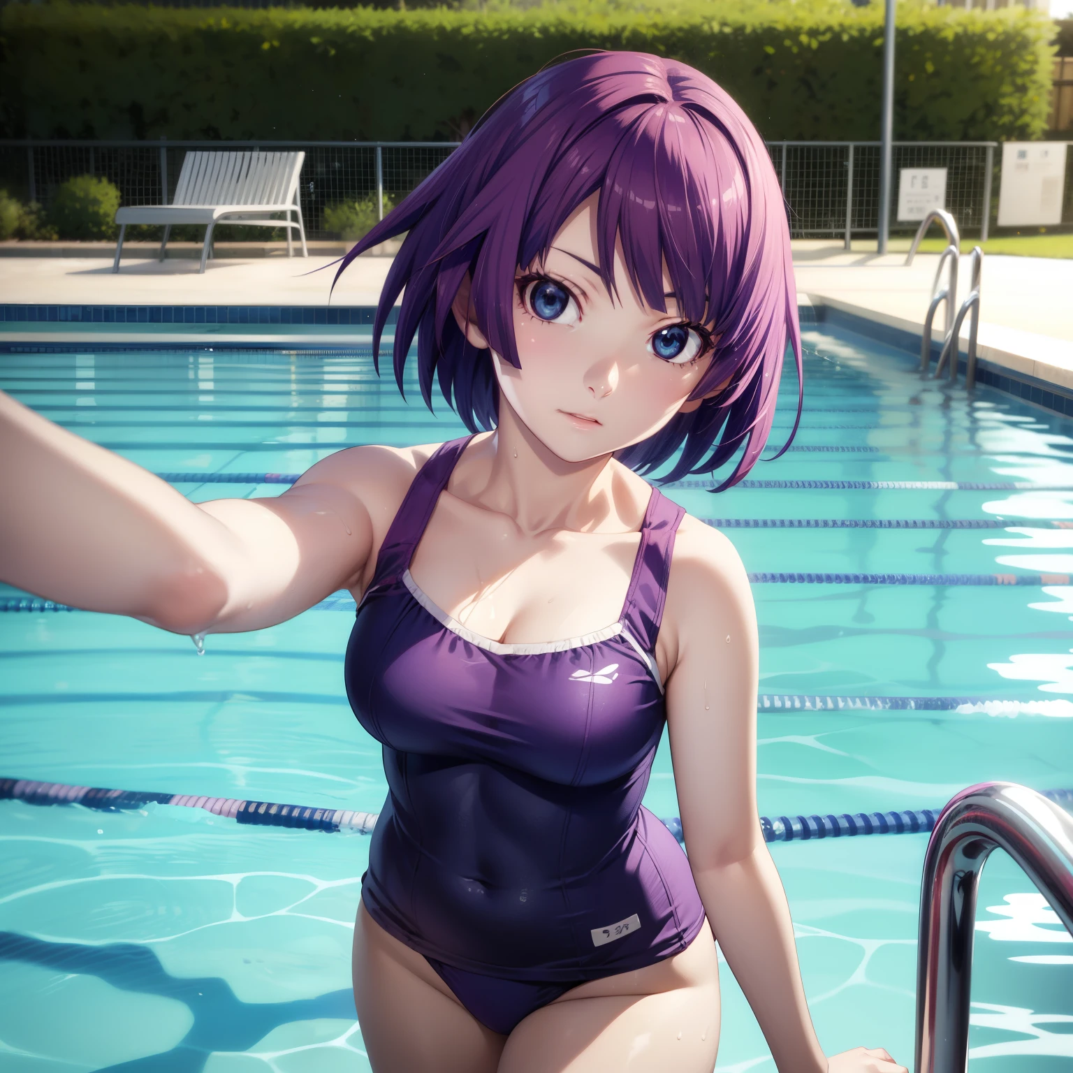 anime、animeスタイル、anime塗り、masterpiece、Best Quality、High resolution、Detailed face、Focus on the face、animeカラーリング、Glowing Skin:1.5 、Thighs、School swimming pool、School Swimsuit、1 girl、Alone、Gazing at the audience、、Hitagi Senjougahara、(Long Hair)、Center of chest、bangs、Hitagi Senjougahara、whole body