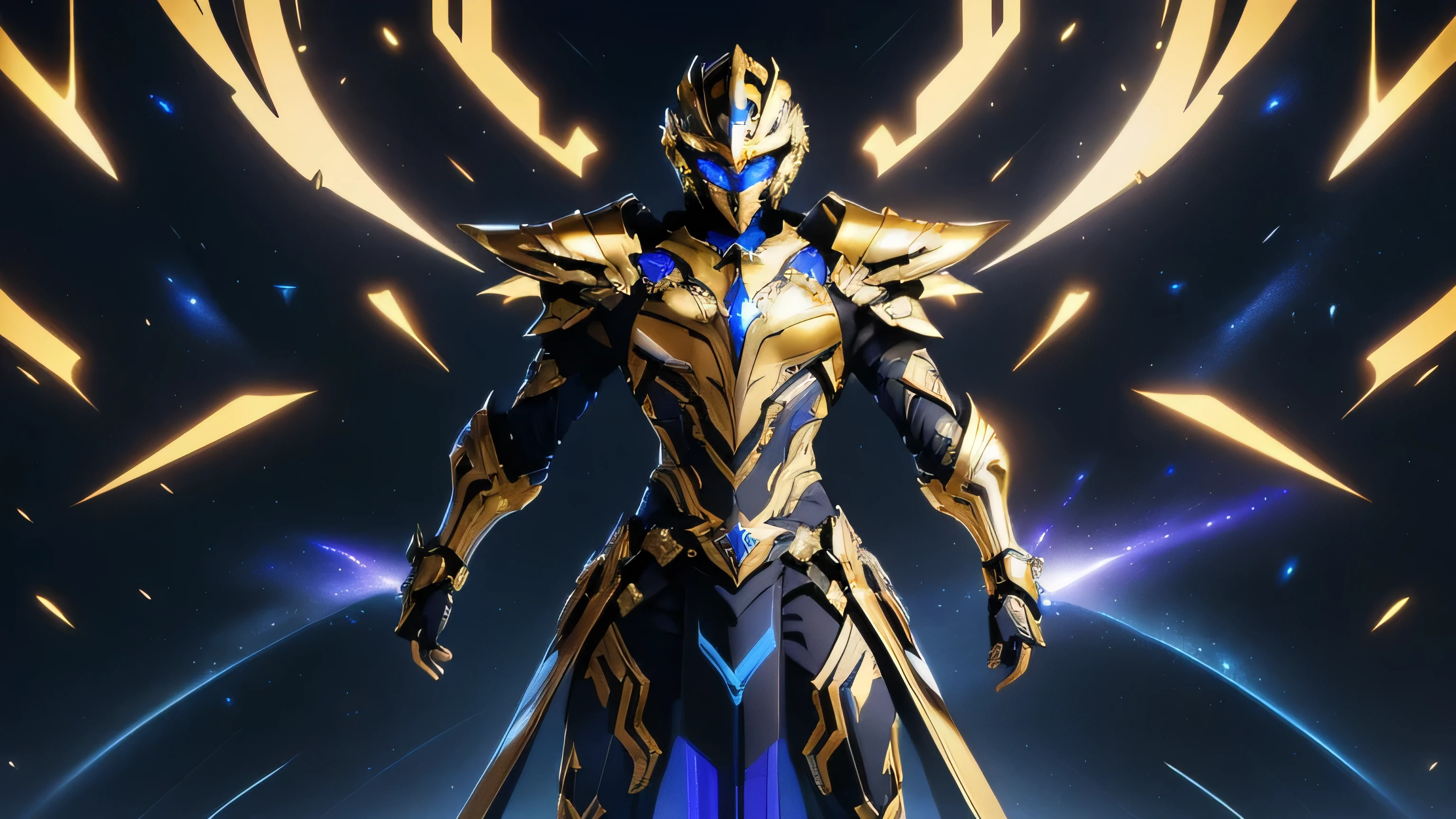 It's a man. The image presents a highly detailed and futuristic armor designed for a male warrior. The armor combines elements from different parts to create a cohesive and powerful look. Helmet: The helmet features a sleek, aerodynamic design with a golden metallic finish. It has a central crest that rises upwards, and the visor glows with a bright blue light, giving it a high-tech, futuristic appearance. Pauldrons (Shoulder Pads): The shoulder pads are designed to be close to the chest, with angular lines extending smoothly toward the shoulders. They have a polished golden finish and curve elegantly upward, creating a harmonious transition between the chest and shoulders, while providing a majestic and protective look. Chest Plate: The chest plate is intricately segmented, with a combination of gold and dark metallic blue. It has a gem-like crystal in the center that emits a soft, mystical glow. The design of the chest plate is both protective and regal, with sharp, angular lines that add to the overall futuristic aesthetic. Arm Guards: The arm guards are sleek and streamlined, with articulated golden and purple segments that offer flexibility and protection. The design of the gauntlets is both robust and elegant, incorporating futuristic elements that blend with the classic style. Leg Armor: The legs are armored with segmented plates that are primarily gold and purple. The boots are angular and sturdy, with a design that conveys both strength and agility. The overall look of the leg armor is grounded yet sleek, completing the ensemble with a powerful stance. The background of the image is a dark cosmic scene, filled with distant stars and nebulae that highlight the polished surfaces of the armor. Dynamic lighting is used to emphasize the key features, particularly the glowing visor and central chest gem, reinforcing the mystical and imposing nature of the warrior.