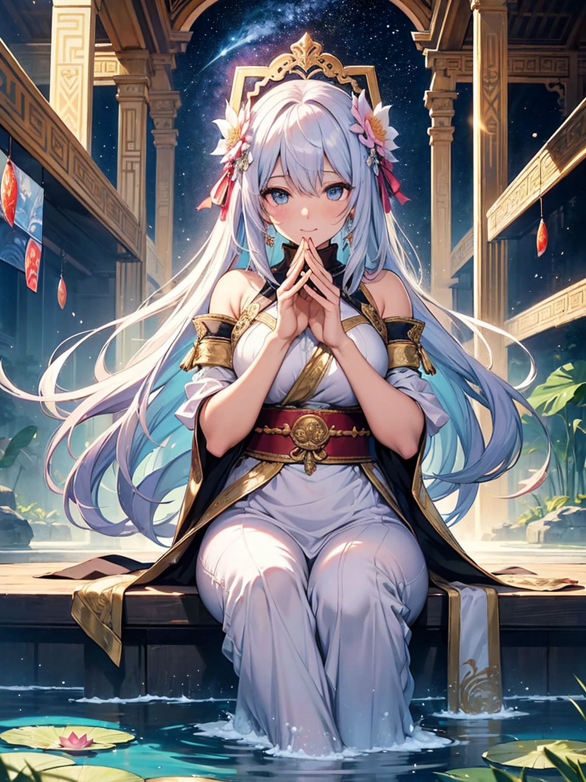 1girl, white hair, multicolored hair, purple eyes, mask on head, sidelighting, light particles, wallpaper,