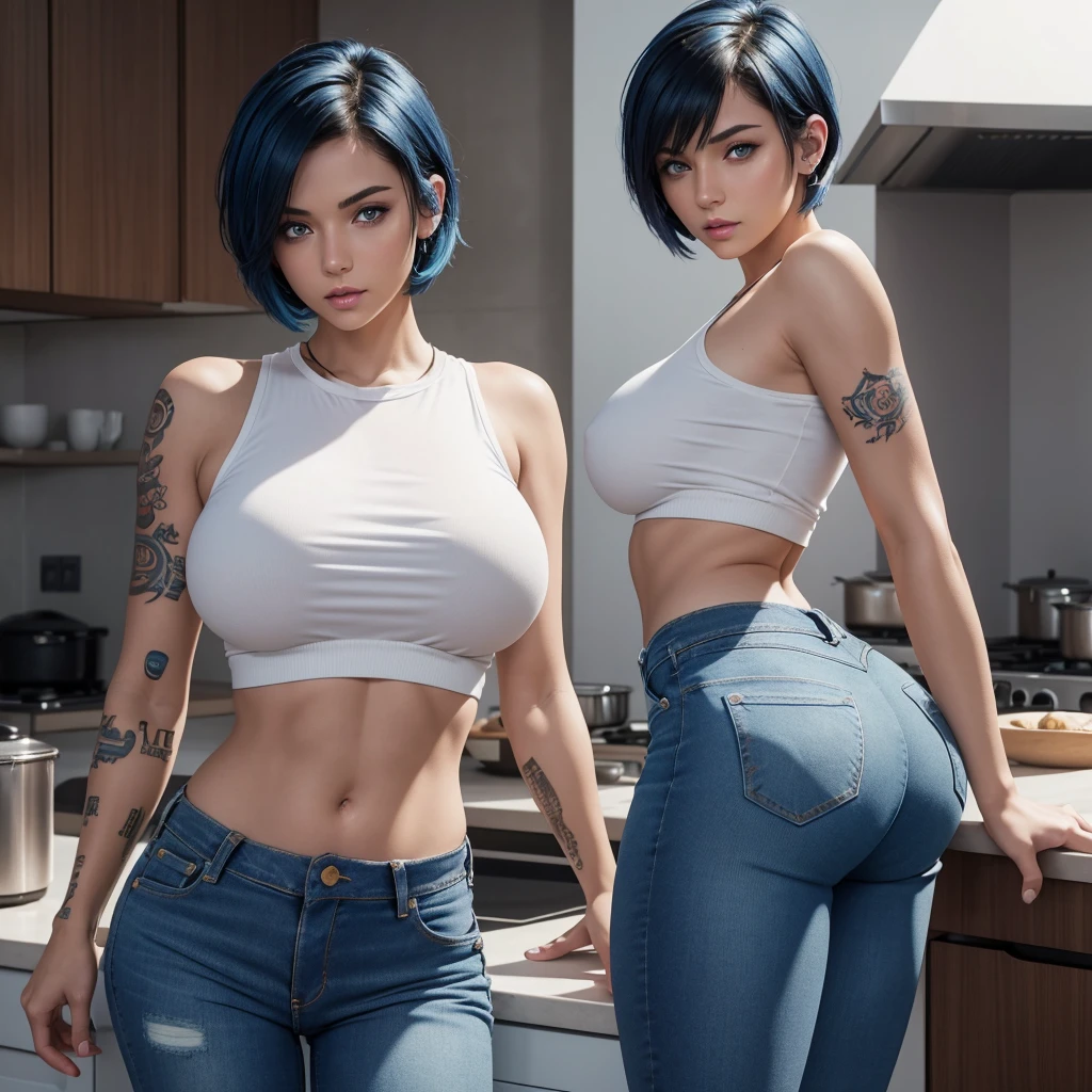 (Best quality, Highres, Ultra-detailed: 1.2), Brazilian, sultry, short, blue-haired woman. (Blue Hair: 1.5), (Sensual: 0.8), Impeccable skin, radiant complexion, (full body, waist-up: 1.2), revealing a slender, toned physique, (short, curly, sensual hair: 1.3), striking blue eyes, (thick, dark lashes: 1), (Seductive gaze: 1.5), Sultry lips, (red, glossy: 1.2), (Jeans and a casual,