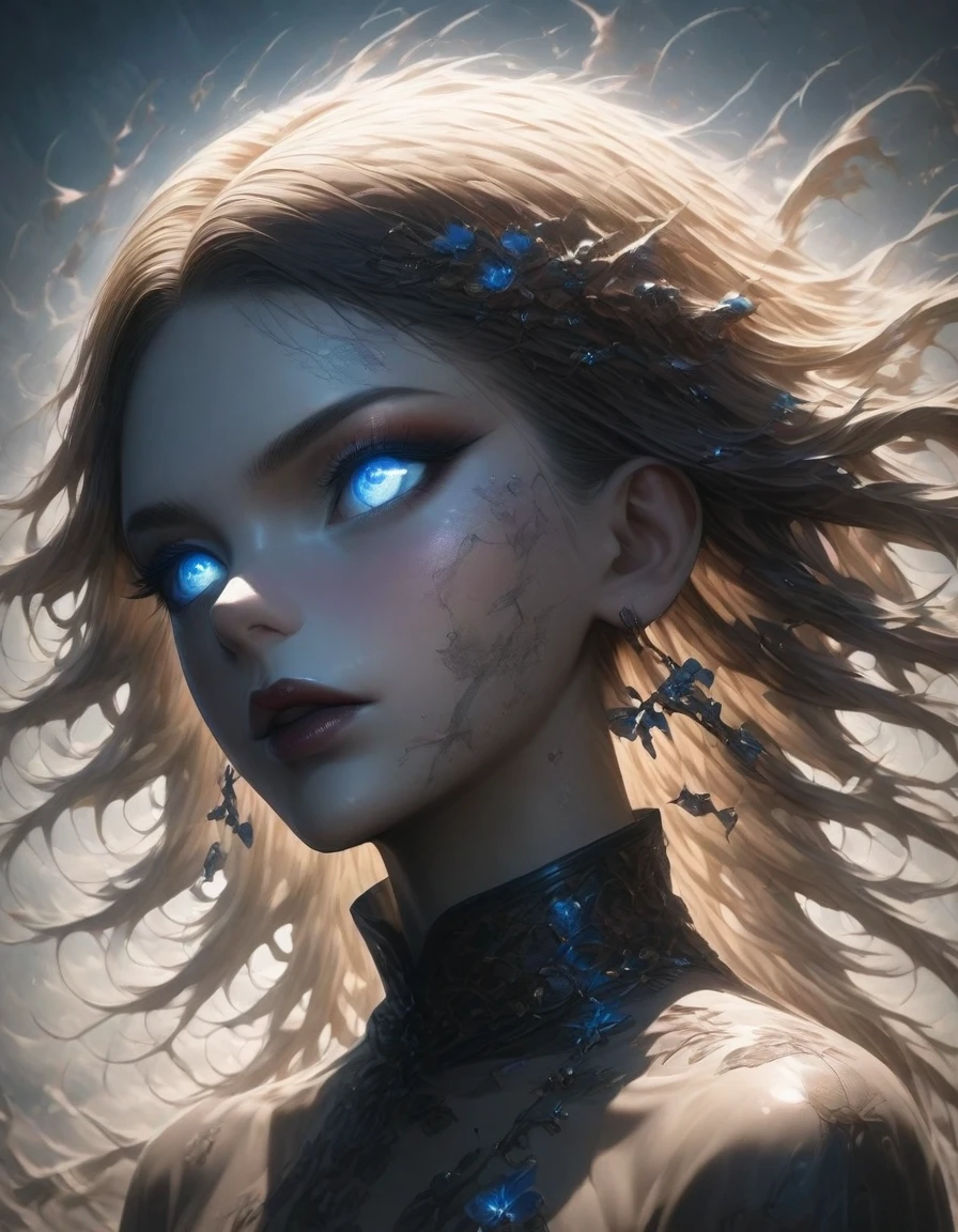 a hyperrealistic portrait of a beautiful demonic fairy woman, fantasy creature, dark beauty, magical being, surreal, detailed artwork, enchanting, mystical, digital painting, glowing eyes, gothic aesthetic, ethereal beauty, haunting charm, high resolution, fine art, supernatural, powerful expression.