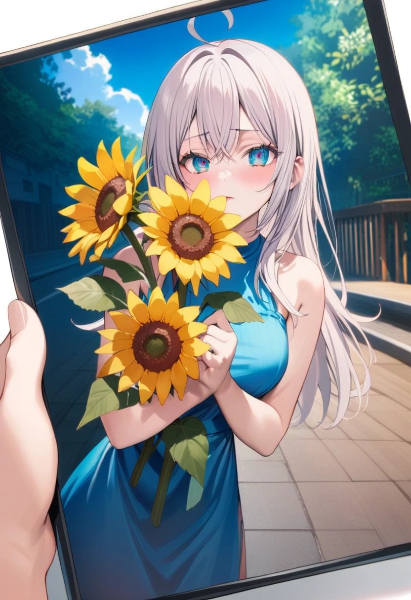 (Masterpiece, best quality, , bright colors:1.4),high resolution,anime style,photo,1 white-haired beauty holding sunflower