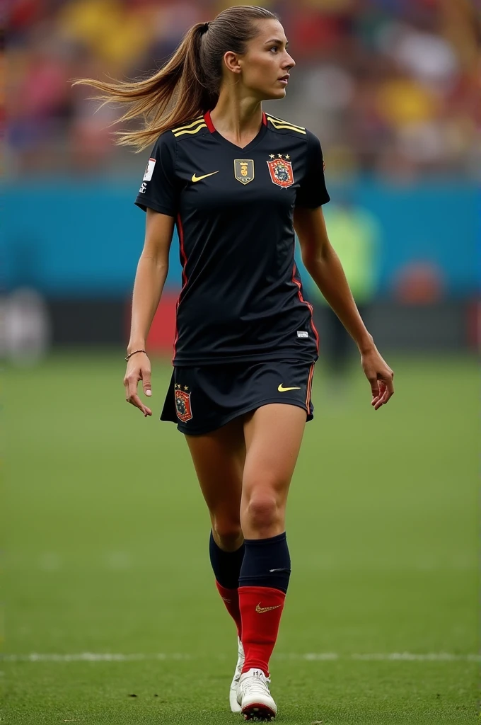 german beautiful female woman in german soccer dress, photorealistic, german soccer dress uniform, beach volley, inside german soccer stadium em 2024