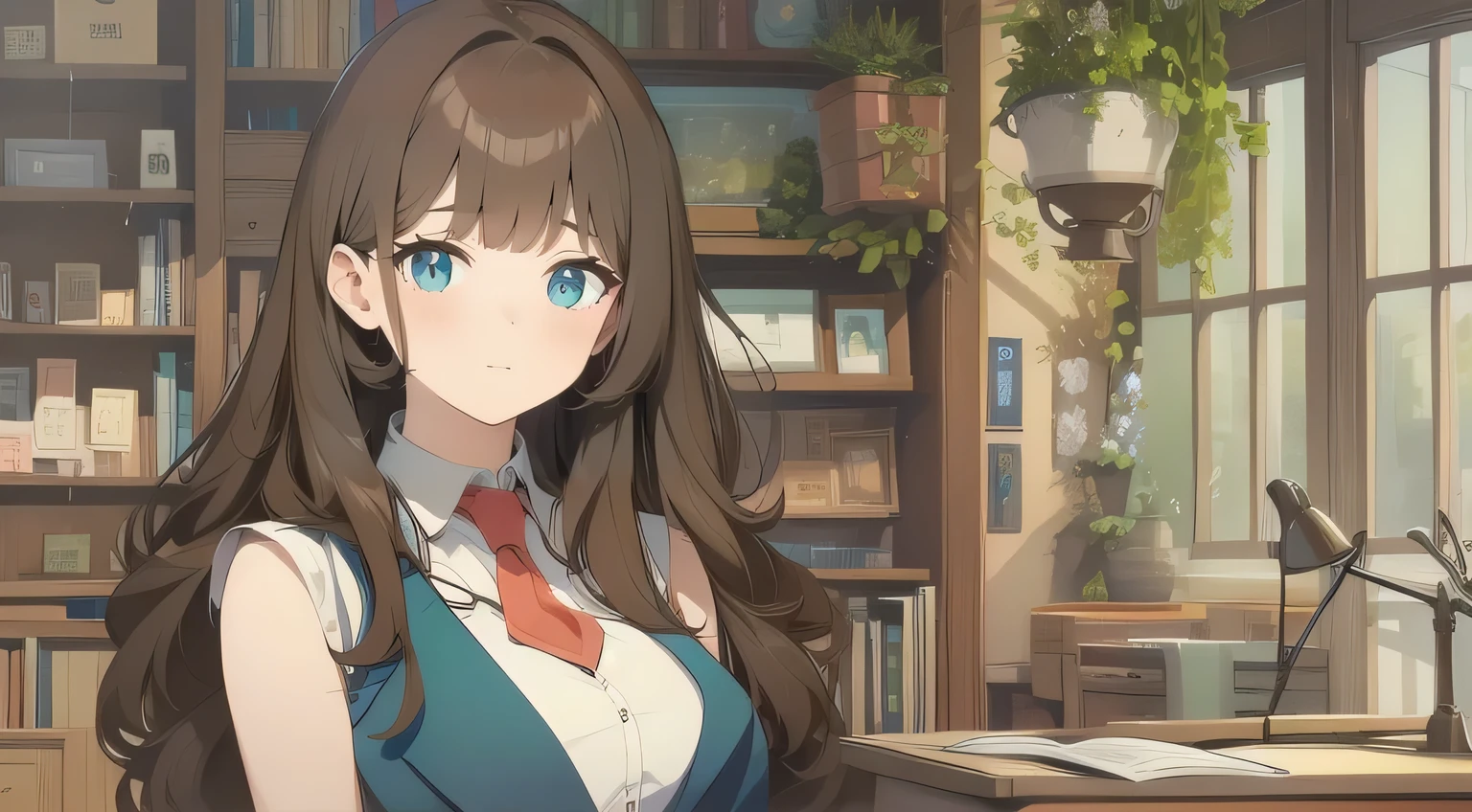 Cute woman , round eyes , brown eyes , brown hair , pale skin , has bangs , school uniform , long hair ,