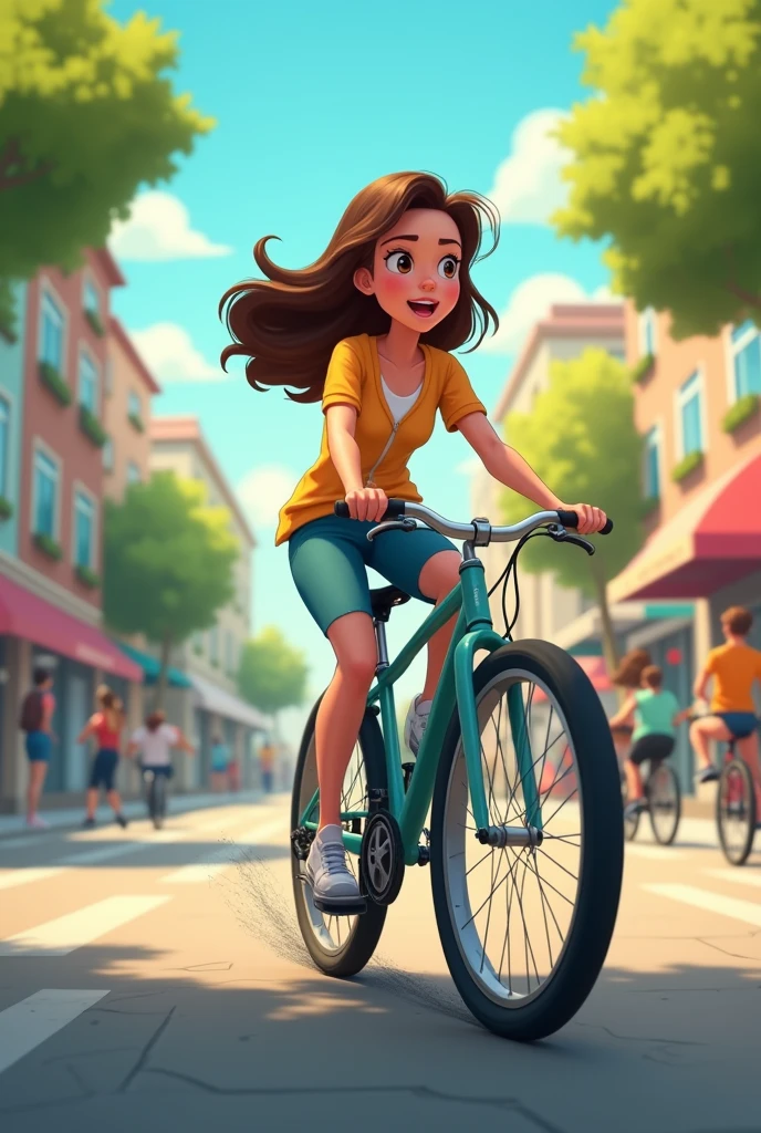 cartoon of woman wearing colourful t-shirt and long skirts riding a bicycle on a bridge, happy, cartoon art, amazing artwork