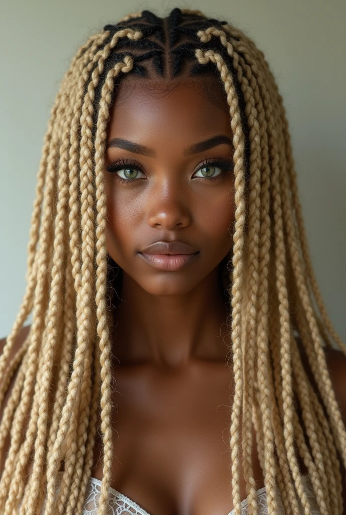 nigerian woman, young, naked, blond african braids, septum piercing, face tatoos, dimples, thick belt around neck, naughty expression, shiny latex bodysuit, close-up, UHD, retina, masterpiece, accurate, anatomically correct, textured skin, super detail, high details, high quality, award winning, best quality, highres
