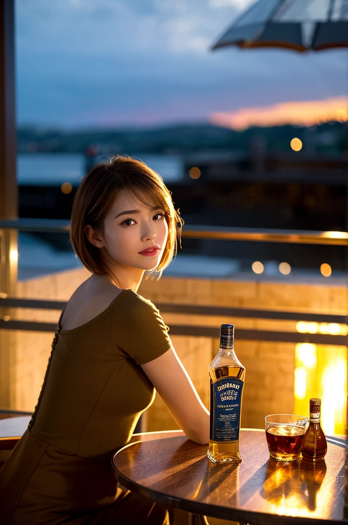 (Realistic, 超Realistic:1.4), 16K HDR, High resolution,Brown short hair,The best smile、Japanese actress,so beautiful(It looks like the real thing),Short sleeve dress,Whiskey Bottle、The Macallan、Johnnie Walker、、Old Parr、whiskey、Suntory、Nikka、Slim couple、Model Couple、(Realistic, Intricate details:1.2), Full course dinner、Whiskey bottle and glass on the table、Single Malt、scotch、Rocks glass、Shot Glasses、Whisky on the Rock、Scotland、Amazing view of the sunset sky and clouds、,Digital SLR camera, Soft lighting, Detailed Background, Written boundary depth, Volumetric Lighting, Sharp focus, super Realistic 肌,so beautiful表現です,Cloud Effect:1.2、プロ品質のHigh resolution、Realistic facial features,Best Quality,Slim figure,Highly detailed face,Highly detailed eyes,Beautiful Lips,Excellent light particles,Cinema Lighting