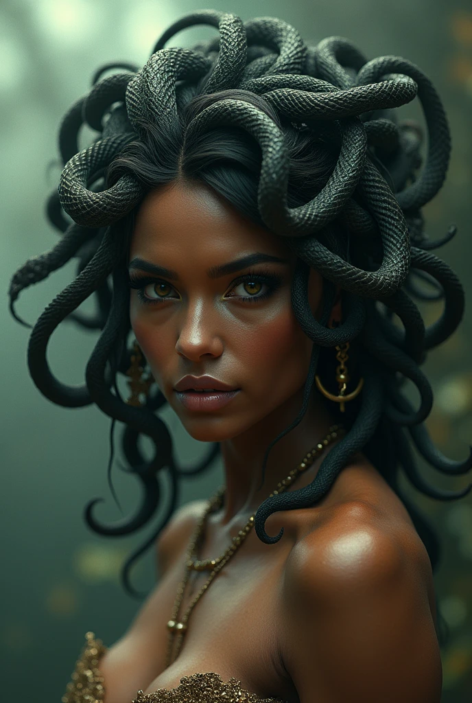 Gorgon girl, curvy body, nose piercing, green scales on the shoulders, pierced ears, Colombian dress, green skin, green snakes for hair, white eyes, city street at night