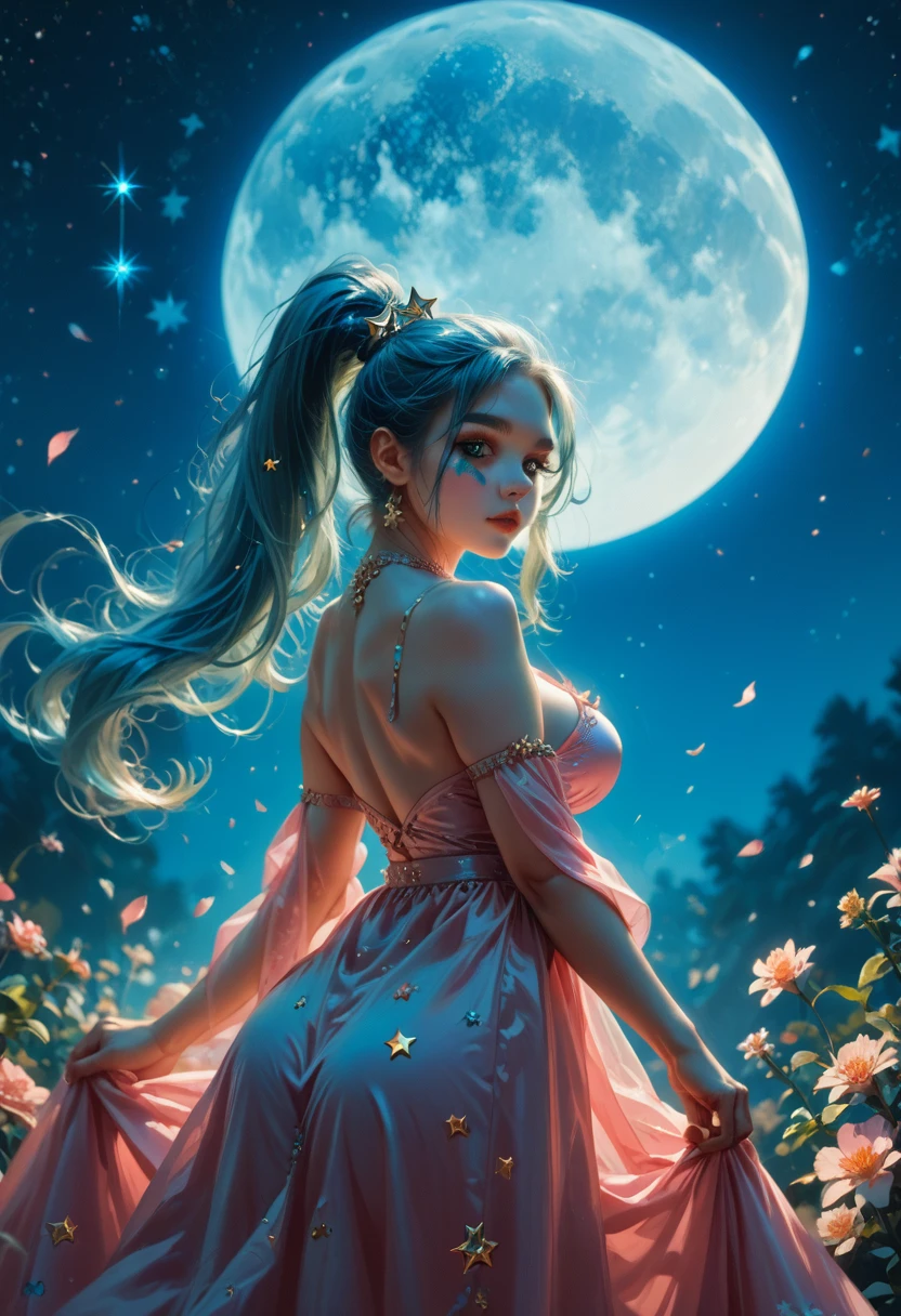   young girls3 2 .young girls 3 eyes light blue long hair blue ponytail blue makeup pink dress transparent tulle edges athletic bodies thin very large breasts big buttocks at the tip of a party stars night moon 