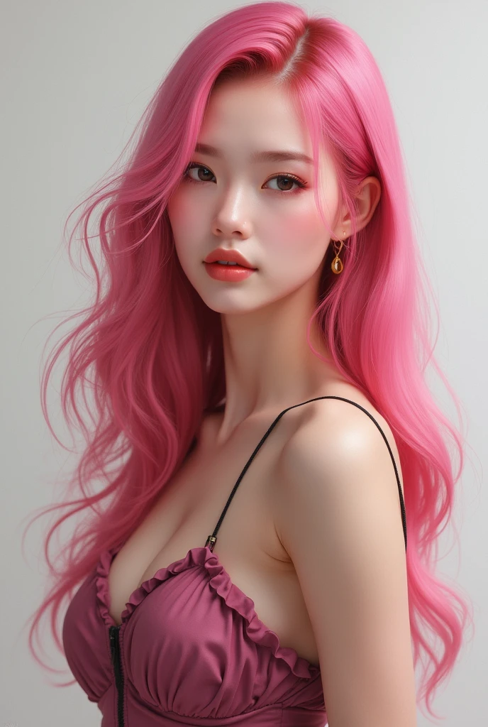 1girl, alone, solitary, high quality, (best quality,4k,8k,highres,masterpiece:1.2),ultra-detailed,(realistic,photorealistic,photo-realistic:1.37),gorgeous hair,pink hair,long straight hair with bangs,sharp eyes,mole under the eye,plump lips,jewelry,(high detailed skin:1.4),(rim lighting:1.3),(lit:1.3),(sunny day:1.3),portrait,beautiful lips,waist-length hair,seductive gaze,moles,casual clothes,colorful clothing,close up,super long hair,choker necklace,light eyes,bangs,fringe,20 year old,dimples on the cheeks,dimples,neon pink hair,pinkhair,bright neon pink hair,black,red lips,red lipstick,round lips,round pouty lips,pouty lips,douyin makeup, sparkly makeup,glitter,contact lenses