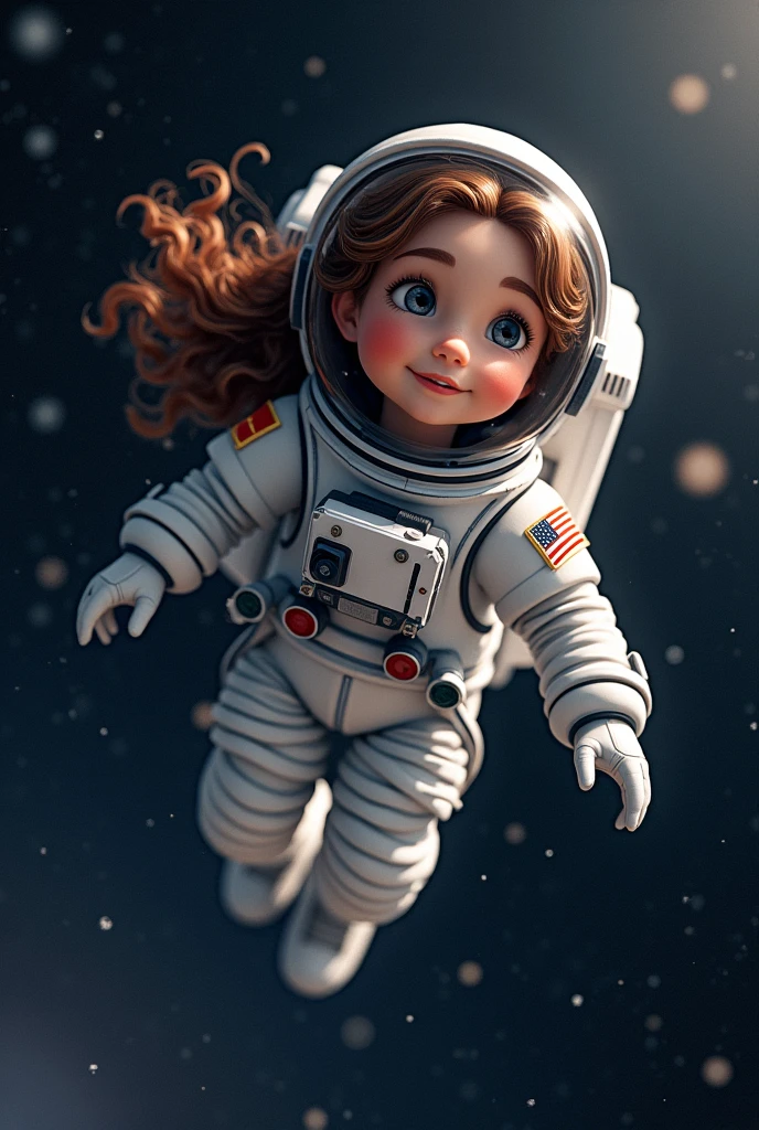 a cute little girl with a round cherubic face, blue eyes, and short wavy light brown hair smiles as she floats in space with stars all around her. she is an astronaut, wearing a space suit. beautiful cartoon painting,abstract world, fantasy,abstract dream, space, intricate, grand scale, alone, cinematic film still, insane detail, sharp focus, depth of field, realistic lighting, (realistic perspective), complex, (multiple subjects), 4k HDR,<lora:add_detail:0.5> <lora:more_details:0.25> <lora:FantasyWorldV1:0.25>