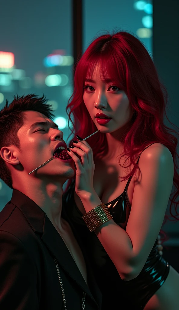 190 cm tall, 27-year-old man, wavy brown side parted hair, blue-black skin, purple eyes, Chinese-Korean-Japanese features, black shirt and business vest, black pants, sitting on the floor next to dark wood table, intense expression, wiping blood off lips and looking at a 24-year-old shorter woman with hesitant expression laying the wood table with vibrant maroon side parted wavy hair and light skin wearing red midriff top and matching in a minimalistic black and grey bedroom, dark lighting, photorealistic, cinematic