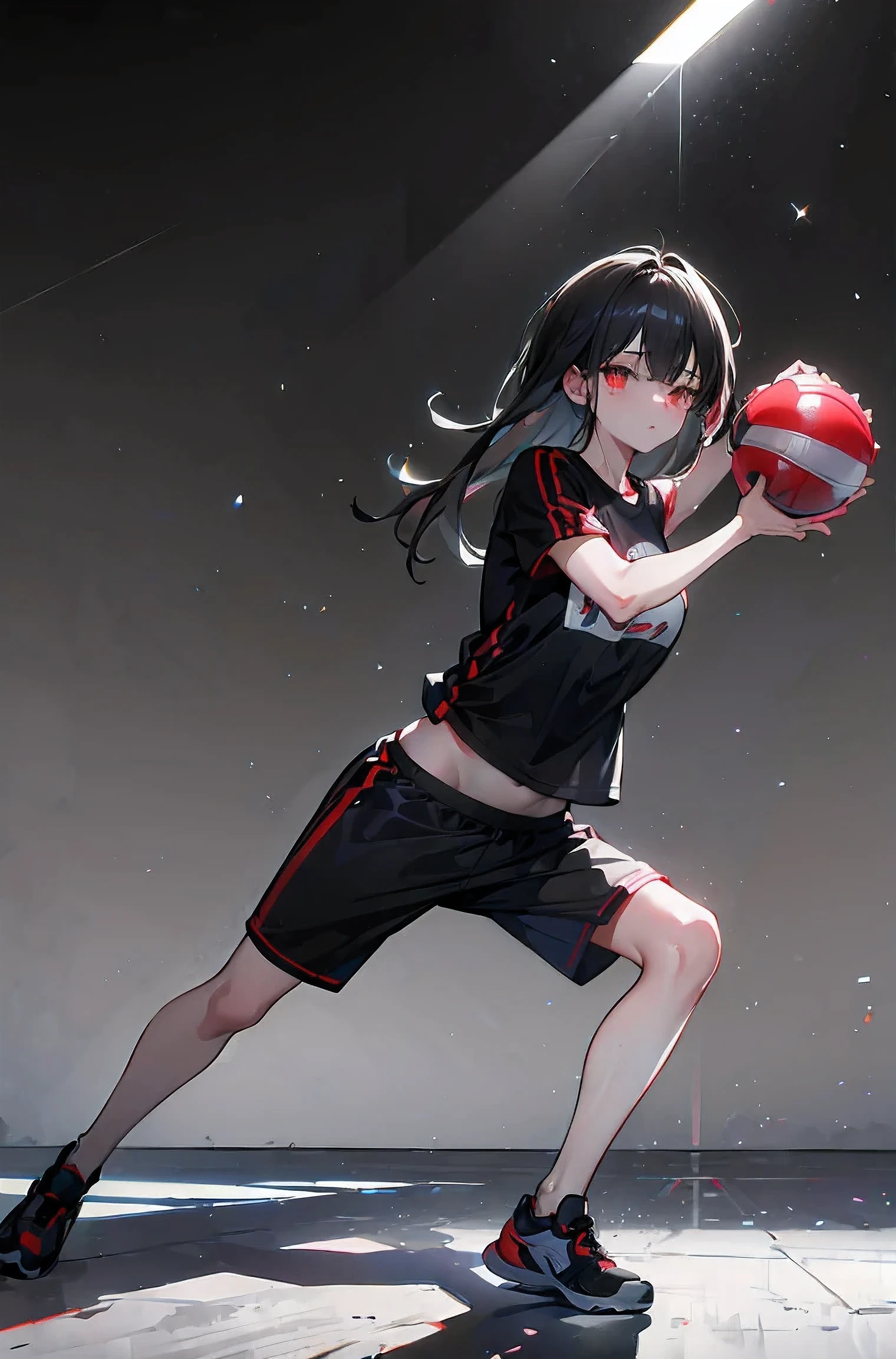 High resolution, (masterpiece:1.4), Very detailed, Sports,Dodgeball for everyone,Become incandescent,PV shooting,Carry the ball!,sunlight,whole,Gym clothes(Black theme),Real, dark