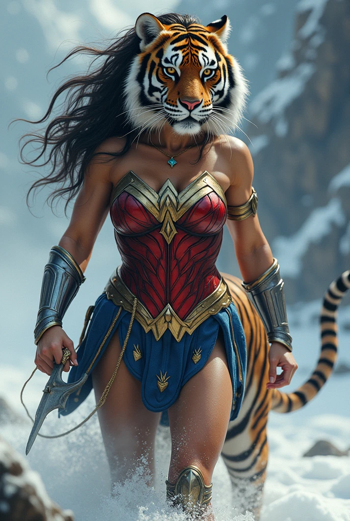 Closeup of a woman with cat ears on her head ,Um corpo, mulher em forma, mulher musculosa, muscular character, feminino e muscular, modelo fitness,(( cabelo preto longo liso detalhado)), corpo forte, personagens musculosos, rasgado, strong arms, Estilo de anime 3D realista, Muscles, Muscle, muito lindo. large muscles, fisiculturismo mulher, Cropped shirt and strong abdomen look like wonder woman from afar, looking into the camera hugging her wild animal, a giant tiger;, Mutante vermelho enorme com sua cauda em chamas.