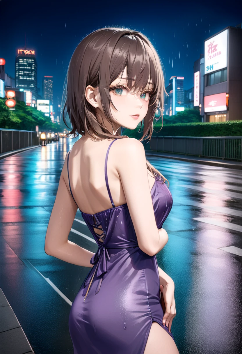 （Brunette，Purple evening dress，8K，Perfect body，Ultra-clear，best quality, masterpiece:1.3),Tokyo Street,night, rain, wet,city View,,1 Beauty, full-body shot