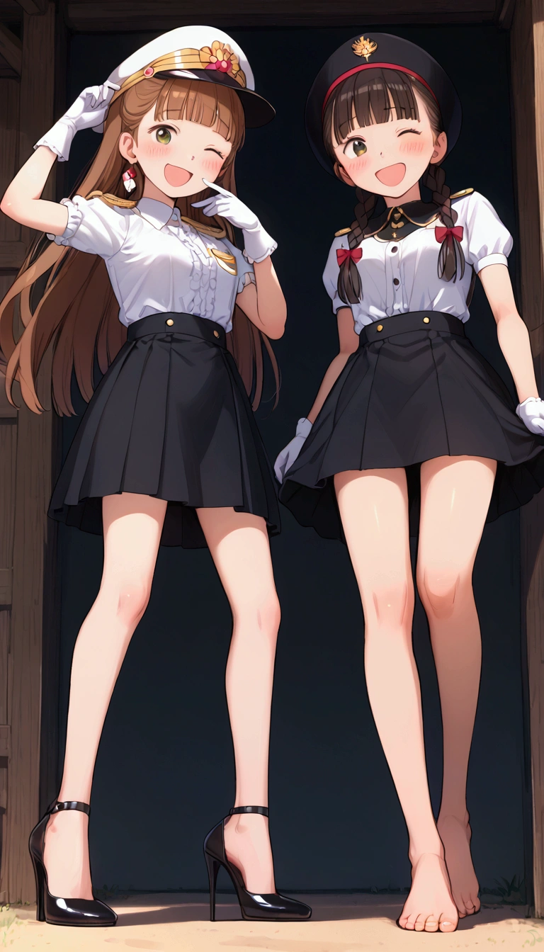 (((masterpiece, Highest quality, High resolution, 超High resolution, Pixel perfect, Written boundary depth, 4K, RTTX10.0, High resolution))), Beautiful Anime Women, Beautiful art style, Anime characters, ((Long Hair, bangs, Dark brown hair, ponytail)), ((Smooth texture, Realistic texture, Anime CG Style)), Perfect body, (Slender body:1.2), Exact finger count、Exact number of legs、(Exact number of arms:1.0, Exact number of hands:1.0), (Three women standing side by side, Lean your torso against the table to expose your buttocks., Angle from above the back:1.3), (Fashionable white shirt, Sailor collar, Knee-high socks, loafers, Pleated mini skirt:1.3), Realistic, Highest quality, High resolution, Perfect lighting, Highly detailed CG, (Perfect hands, Perfect Anatomy), (School classroom:1.3), Daytime lighting, whole body, ((Stylish shiny satin panties, side-tie white panties, Black lace trim :1.3)), (Beautiful and thin thighs、Beautiful little ass:1.3),cum in pussy