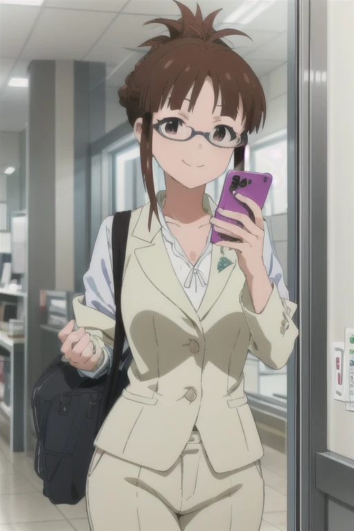 (((pixel-perfect, detail-perfect))), solo, 1girl, ritsuko akizuki, suit, formal, cowboy shot, looking at phone, smile, Mobile phone shop, handphone