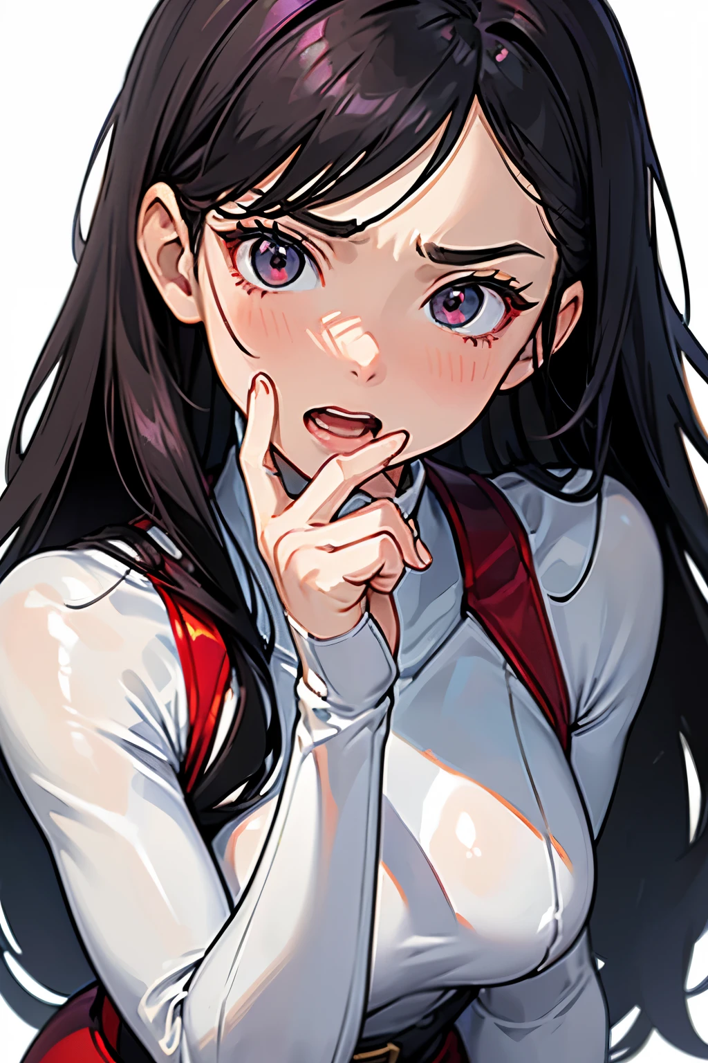 A -yeld girtares at you. Frontal view, photorealistic cute gymnast, one hand over her mouth, jealous and respectful expression, frustrated expression, envious expression, beautiful face, jealous and respectful blush face, doll-like European face, long black hair, thickly made-up face, open mouth showing teeth, frustrated eyes, dark eye shadow Dark blood-red lips, upper body portrait from the knees up, wearing long-sleeved white leotard, tight-fitting shiny white leotard, fishnet bodysuit, red belt.