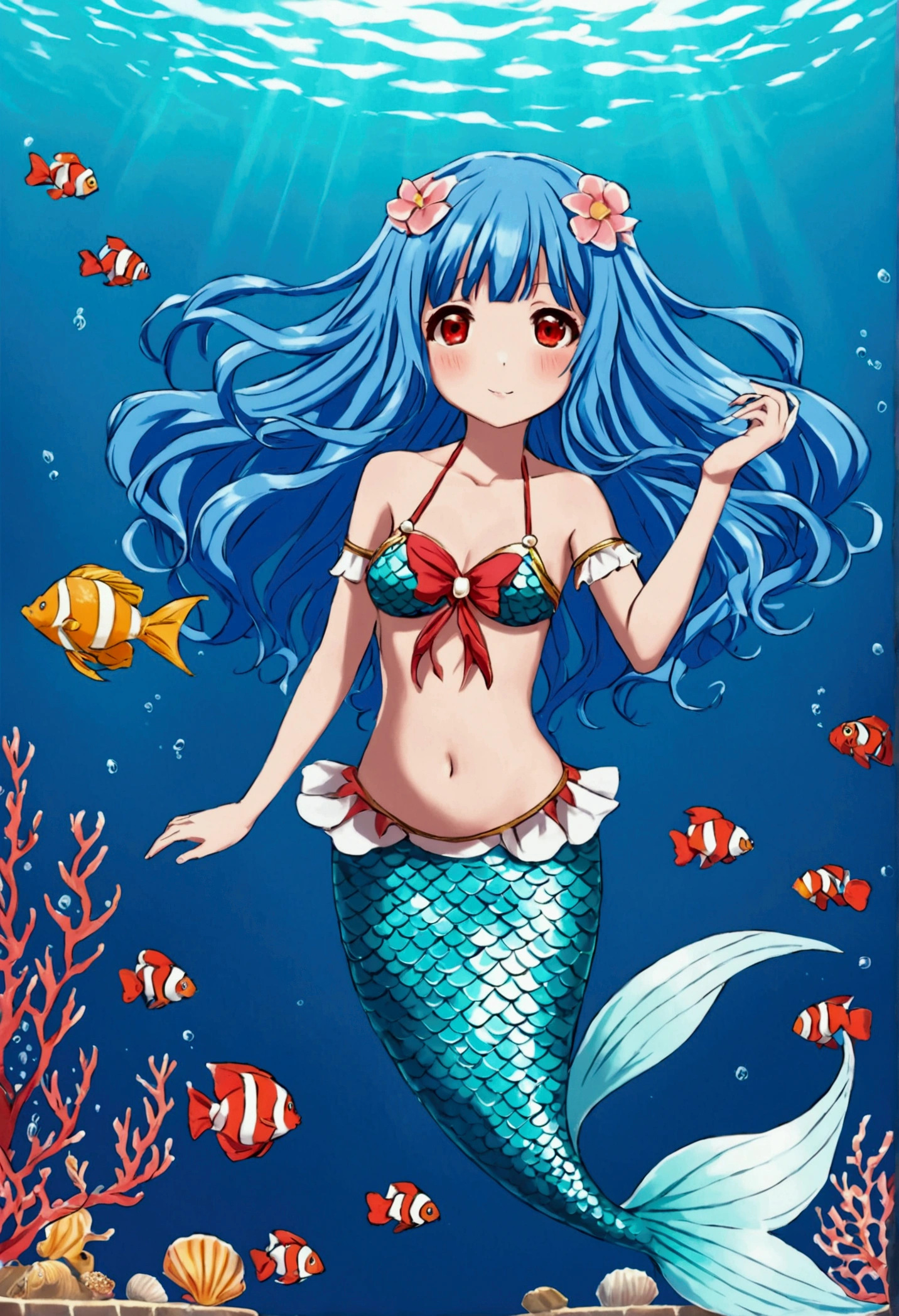 (mermaid girl:1.2), (1 person:1.2),(10 year old girl)、young girl、big breasts、 nffsw、shader、highly detailed eyes、big breasts、loose and fluffy long hair,、underboob、valley、Red hair、silky hair、mermaid figure(Mini T-shirt、The lower body is a fish、Beautiful scales)、Very complex pupils、highest quality、bright colors、Bust 100、rests、Standing picture of the game、Stirring composition、Composition looking up from below、Lift your with your hands、Pose that emphasizes the chest、fold your arms、grinning expression、eyes half closed、open your mouth、stinky eyes、evil face、bullish smile、fold your hands behind your back、Hide your hands、evil smile、whole body、god々New、in water、seabed