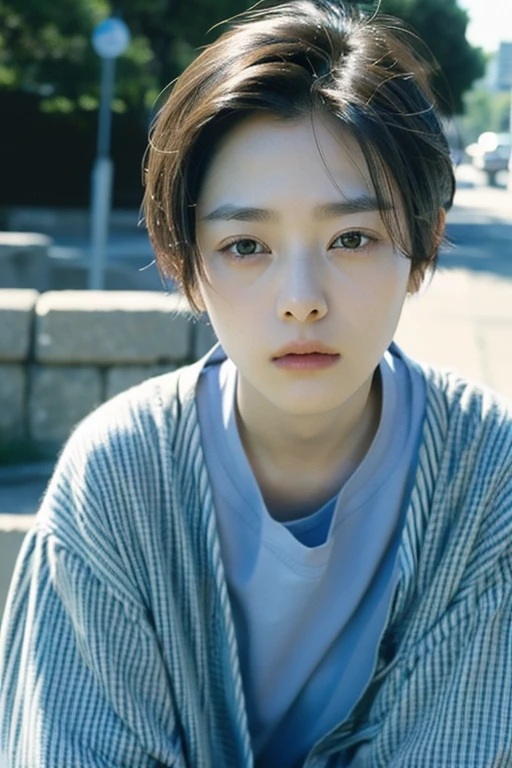 One girl, alone, androgynous、Short Hair、boyish、Droopy eyes、ennui、Fair skin、Sleepy face、Beauty、middle age, Japanese lady