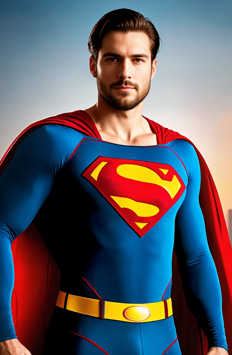 1man, A medium shot of a charismatic male fitness model, 30 years old，small beard, Sexy and charming expression，gloomy eyes，Blue eyes, captured in a Barcelona garden, with arms crossed, dressed as a superhero, specifically resembling Superman, The superhero costume is predominantly dark blue with a textured pattern, with a prominent red and yellow 'S' emblem on his chest. The suit is form-fitting, highlighting his muscular build. A red cape is draped over his shoulders, flowing behind him. A flowing red cape is attached to the shoulders, and he wears red boots, capturing natural light and shadows, film photography, dynamic action scene, artistic photography of posters