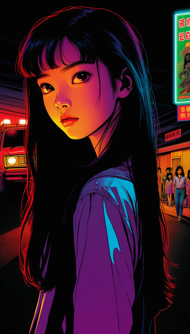 Illustration、art、80s Thai horror movie poster, Supervised by Junji Ito、(high school student:1.0)、parking、Attention to detail, Realistic Shadows、Analog Style, chromatic aberration, Surrealism、Complementary Gradient