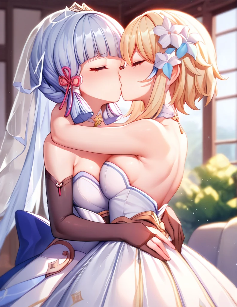 2girls, Lumine (genshin Impact), Kamisato Ayaka (genshin Impact), (kissing), living room, eyes closed, hands on another's cheek, hugging around the waist, (wedding dress), ((no fusing)), ((black arm fusing)), Arms separated, wedding dress 