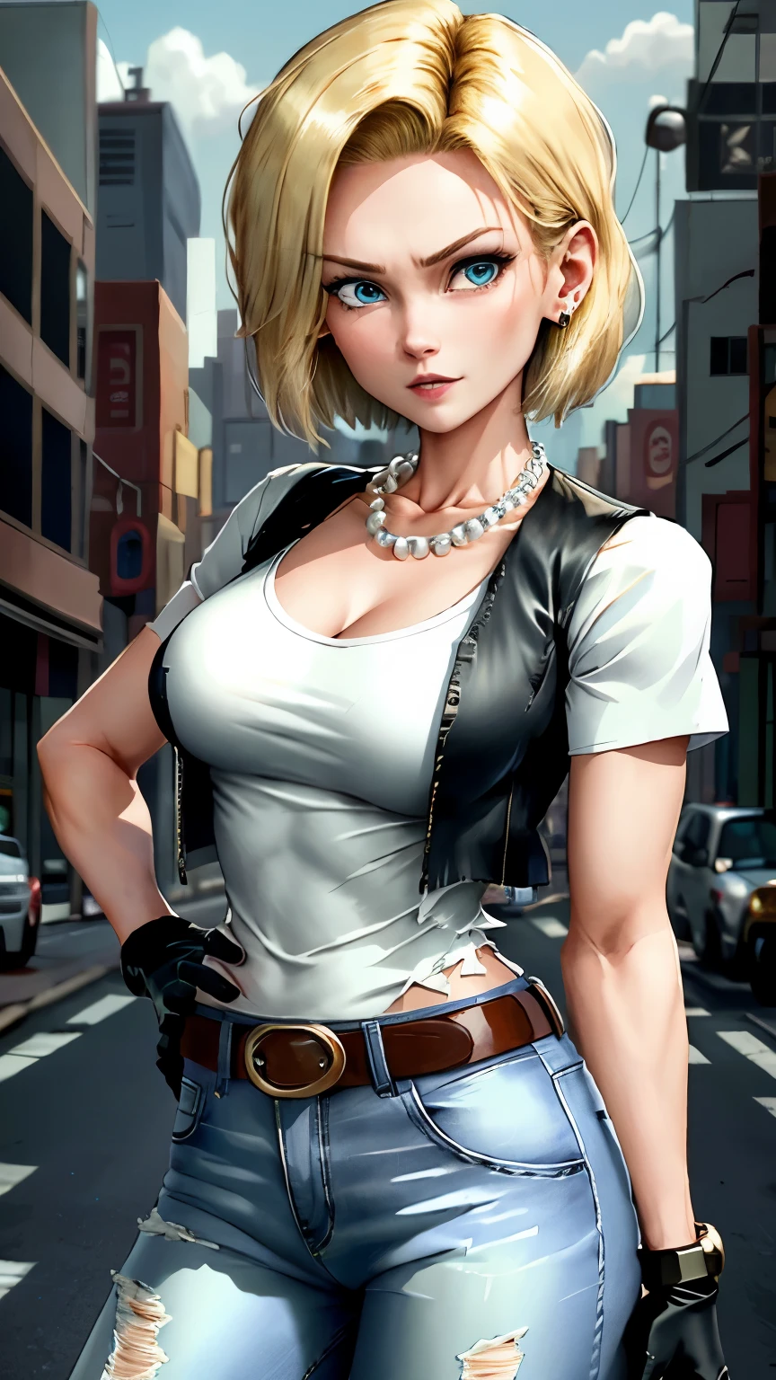best quality, highres, and18, 1girl, android 18, solo, blonde hair, blue eyes, belt, blue jeans, pearl necklace, bracelets, black gloves, white shirt, short hair, short sleeves, earrings, blue pants, open vest, black vest, large breasts, cowboy shot, city port, straight-on, meadow landscape, torn pants,