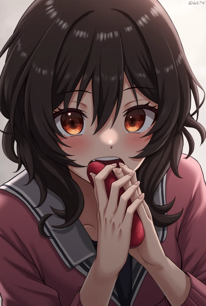 girl,Close-up of face,Brown dildo in mouth,Deep throat,Ecstatic expression,Drooling,Her head is being held down by a man,Holding something big、Deep throating,Eating Daild deliciously,Licking a dildo,