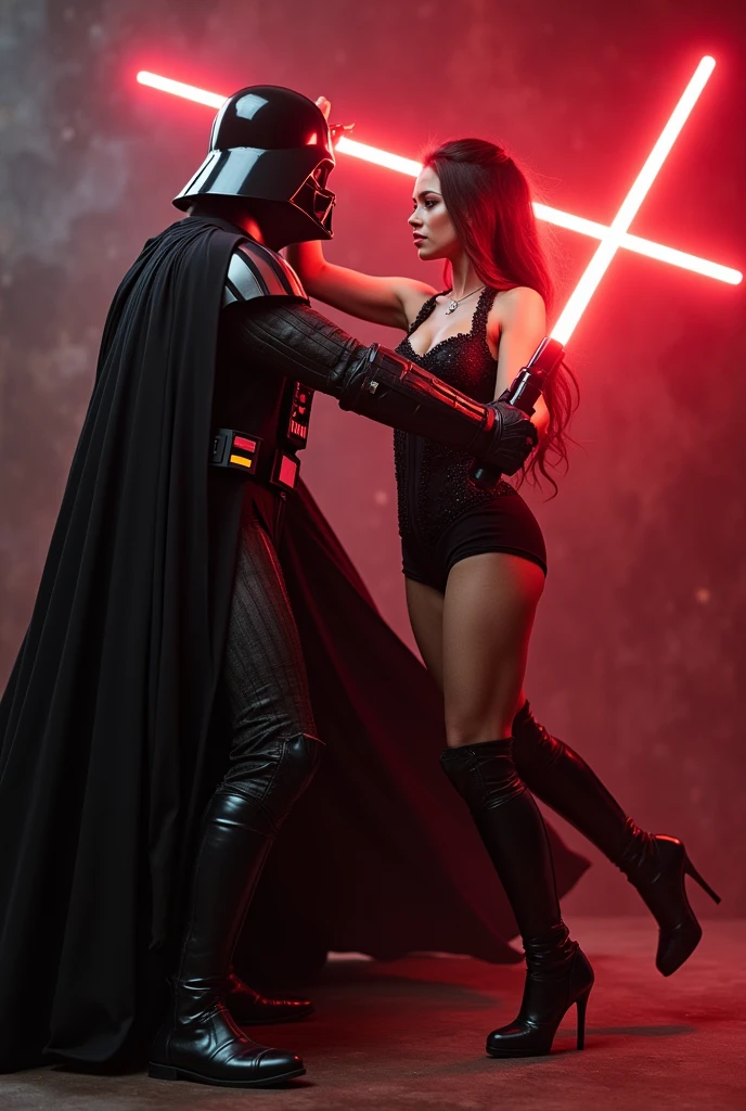 darthvader on his knees in front of a female pink darthvader holding a pink light saber